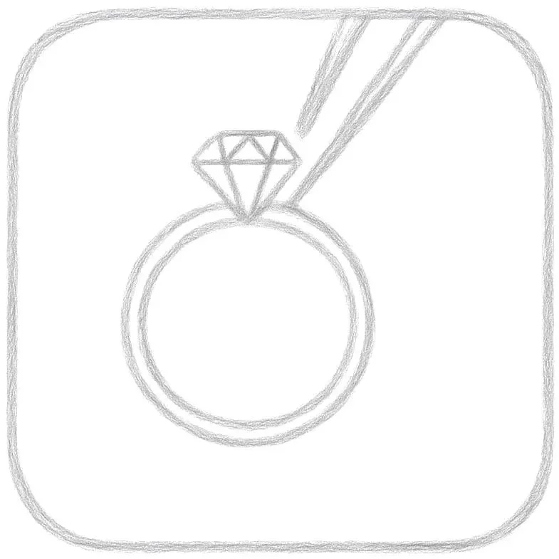 Dessin d'une bague avec une pierre précieuse en forme de diamant au sommet.