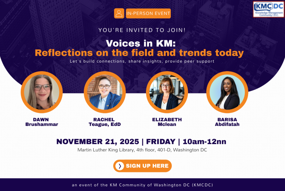 Digital flyer for an in-person event titled 'Voices in KM: Reflections on the field and trends today,' featuring photos of four women speakers, with details about date, time, location, and a sign-up button.