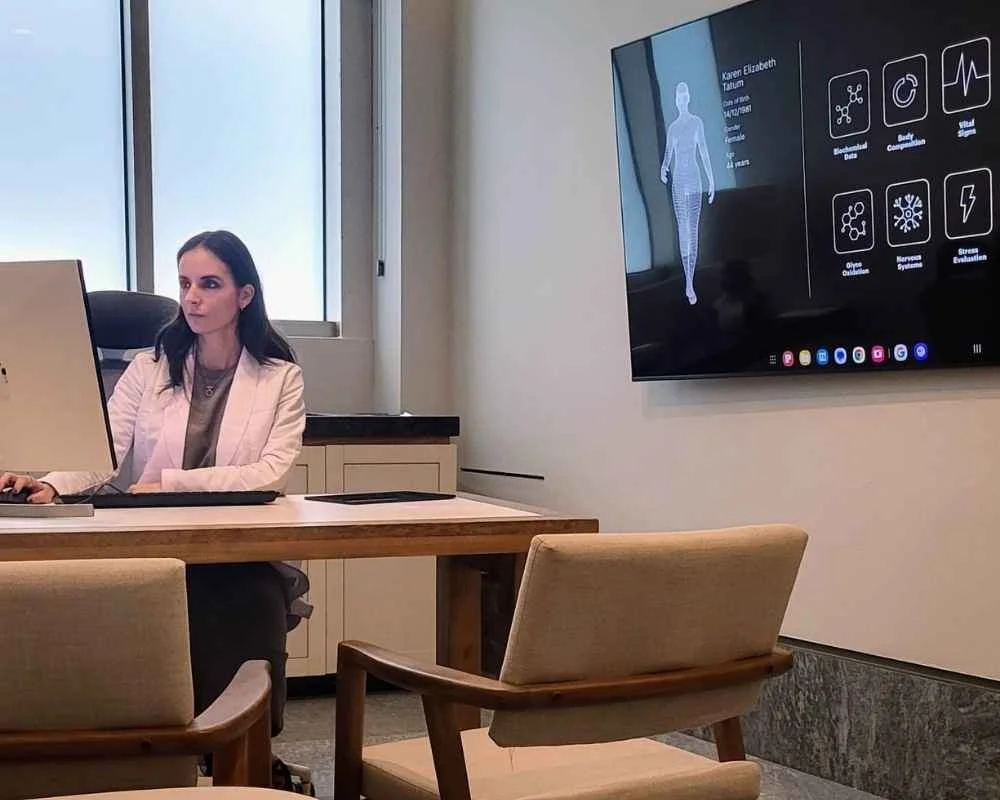 HA Wellness Mexico physician reviewing Advanced Proactive Diagnosis results on a screen with patient data visible in the background
