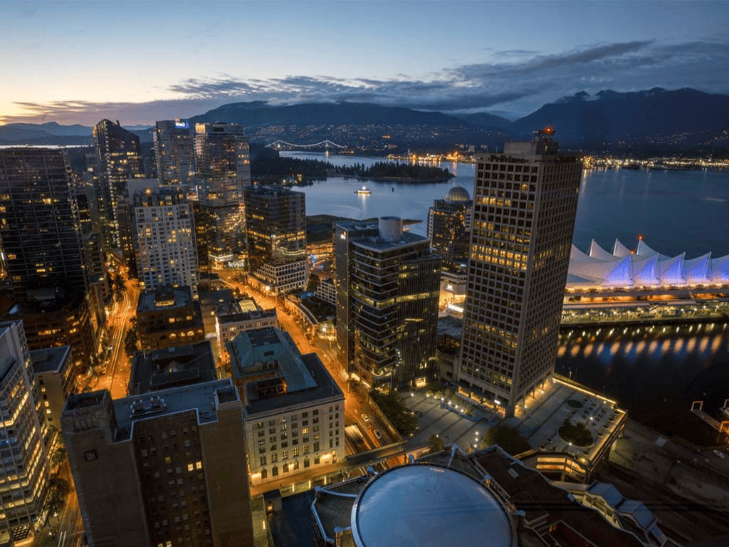 Vancouver skyline at dusk, one of the host cities for the FIFA World Cup 2026.
