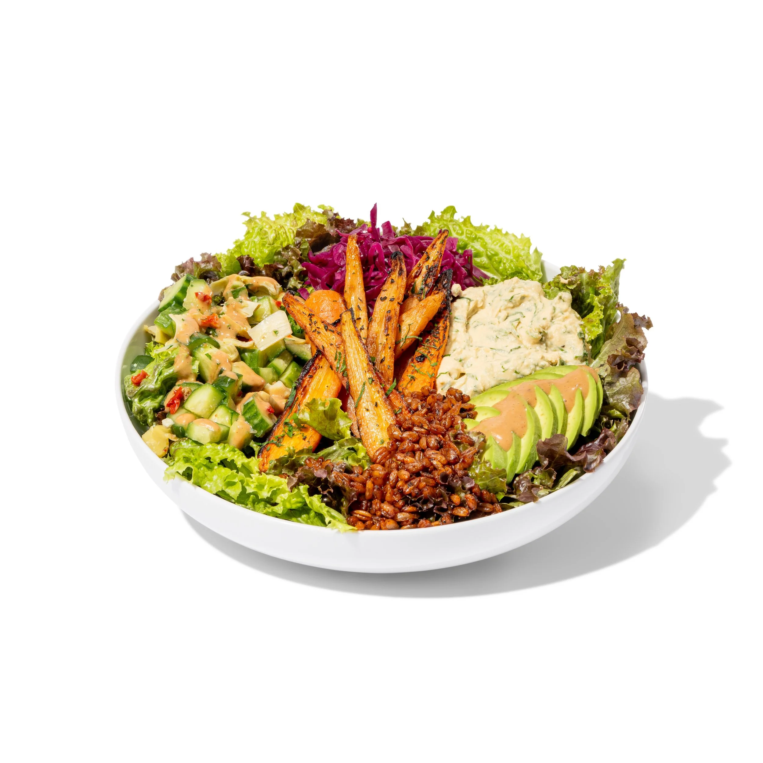 Assorted vegetarian salad bowl with avocado slices, roasted carrots, spiced farro, chopped vegetables, herb hummus, all on a bed of fresh greens.