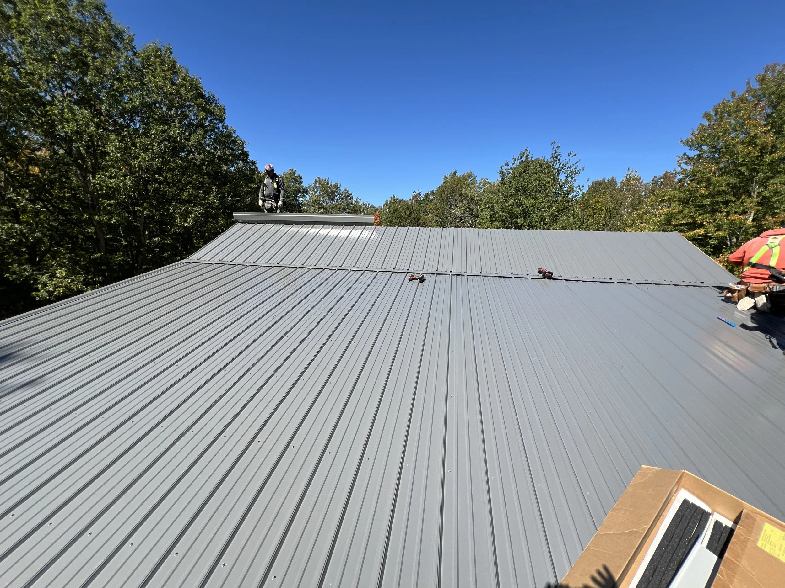 A person working on a metal roof on a sunny day with a clear blue sky, surrounded by trees.