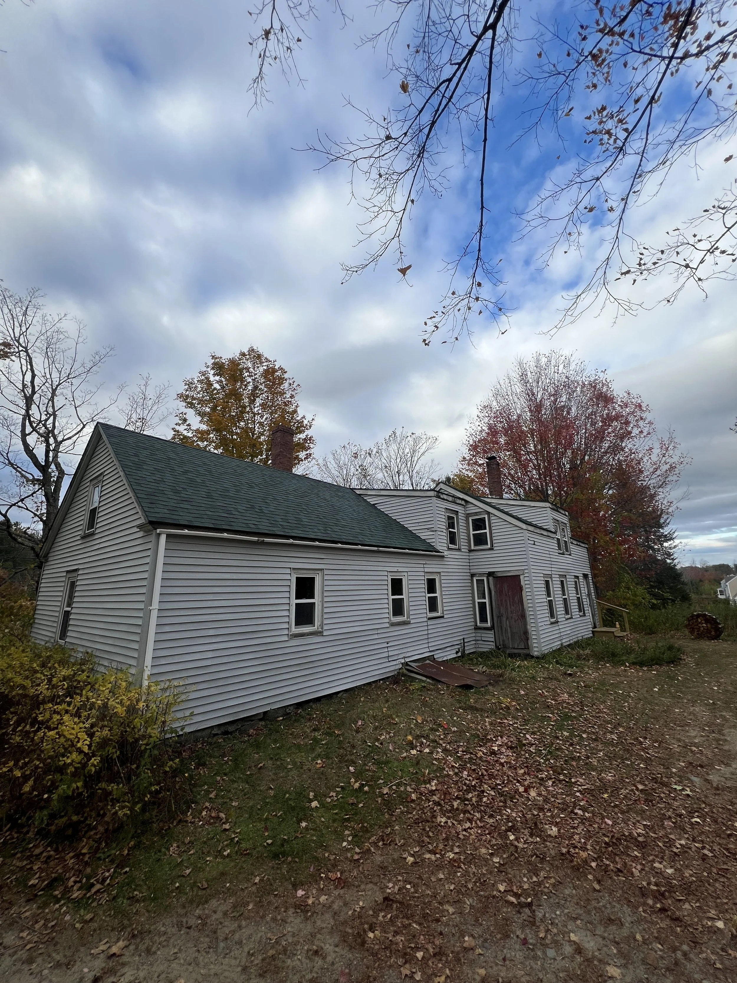 Backyard view of a two-story house with white siding, green roof, and a small wooden door, surrounded by trees with fall foliage, fallen leaves on the ground, and a cloudy sky overhead.