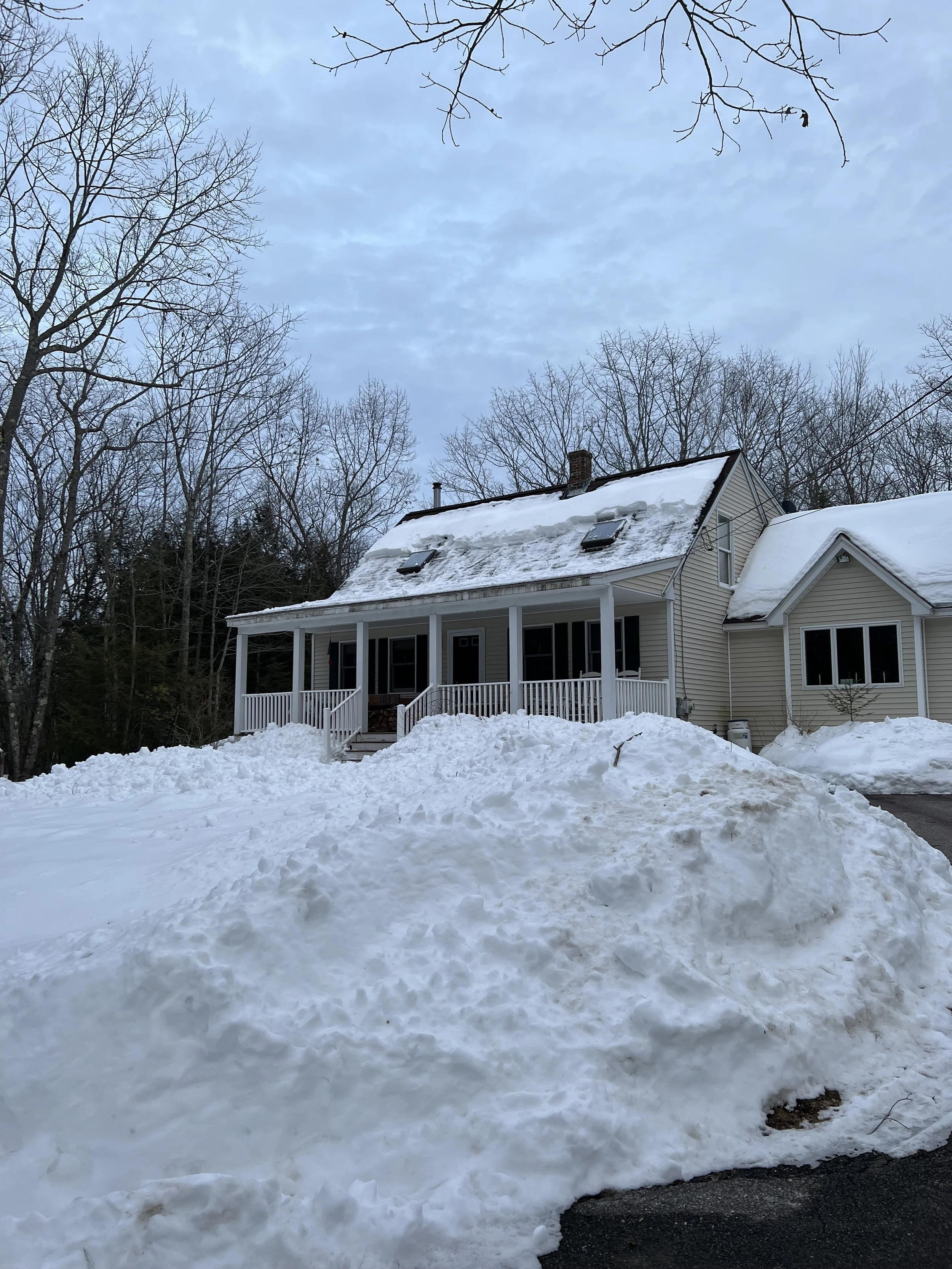A house with a snow-covered roof and a front porch, surrounded by snow on the ground, trees with no leaves, and a cloudy sky.
