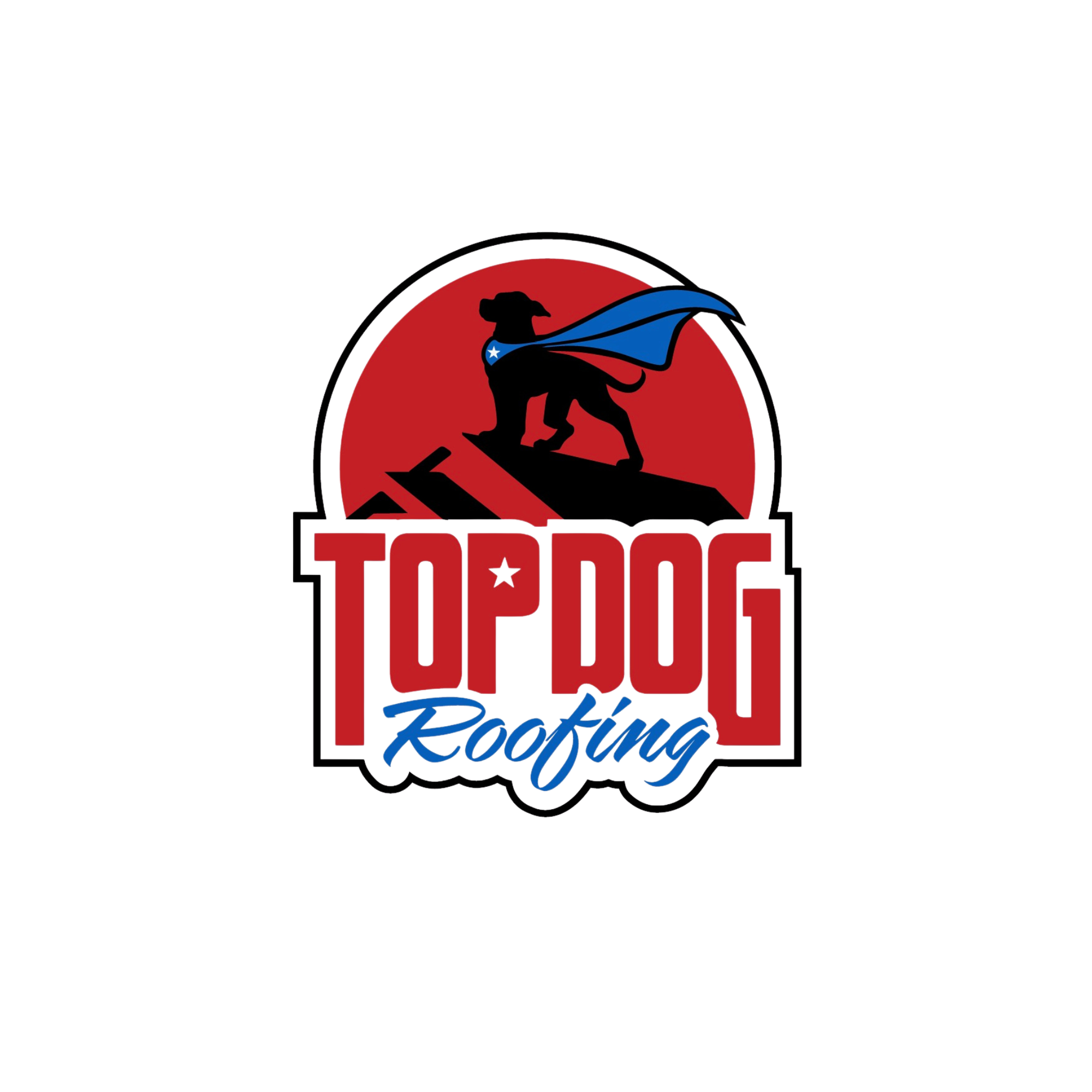 Logo for Top Dog Roofing featuring a black dog wearing a blue cape with a white star, standing on a roof with a red background.