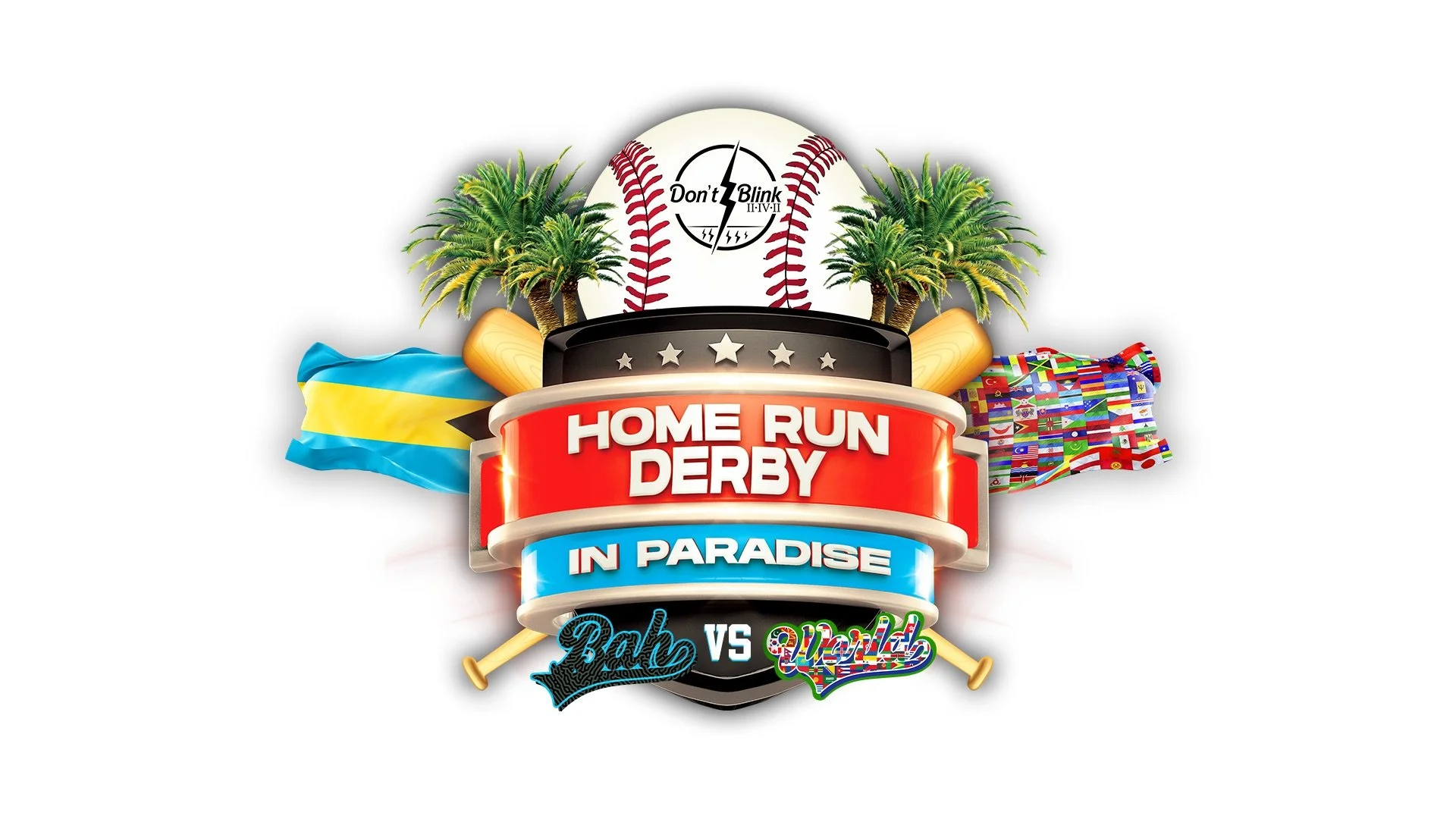 Graphic promoting a baseball home run derby event with palm trees, baseball, bats, flags, and text: 'Home Run Derby in Paradise Bah vs Que Linda'.