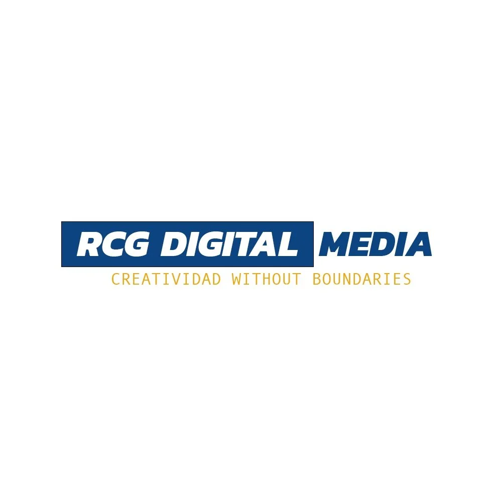 Logo for RCG Digital Media with the tagline "Creatividad Without Boundaries" in yellow text below