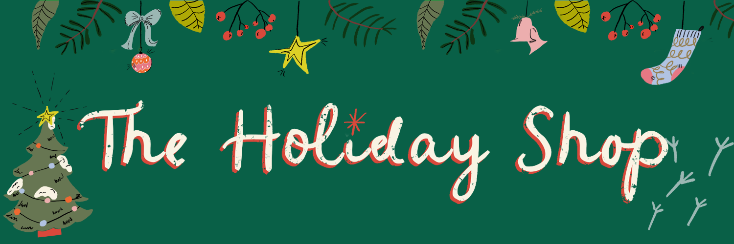 Festive holiday shop banner with a decorated Christmas tree, hanging ornaments, stars, bell, stocking, leaves, berries, and mistletoe, with the text 'The Holiday Shop' in large, decorative font.