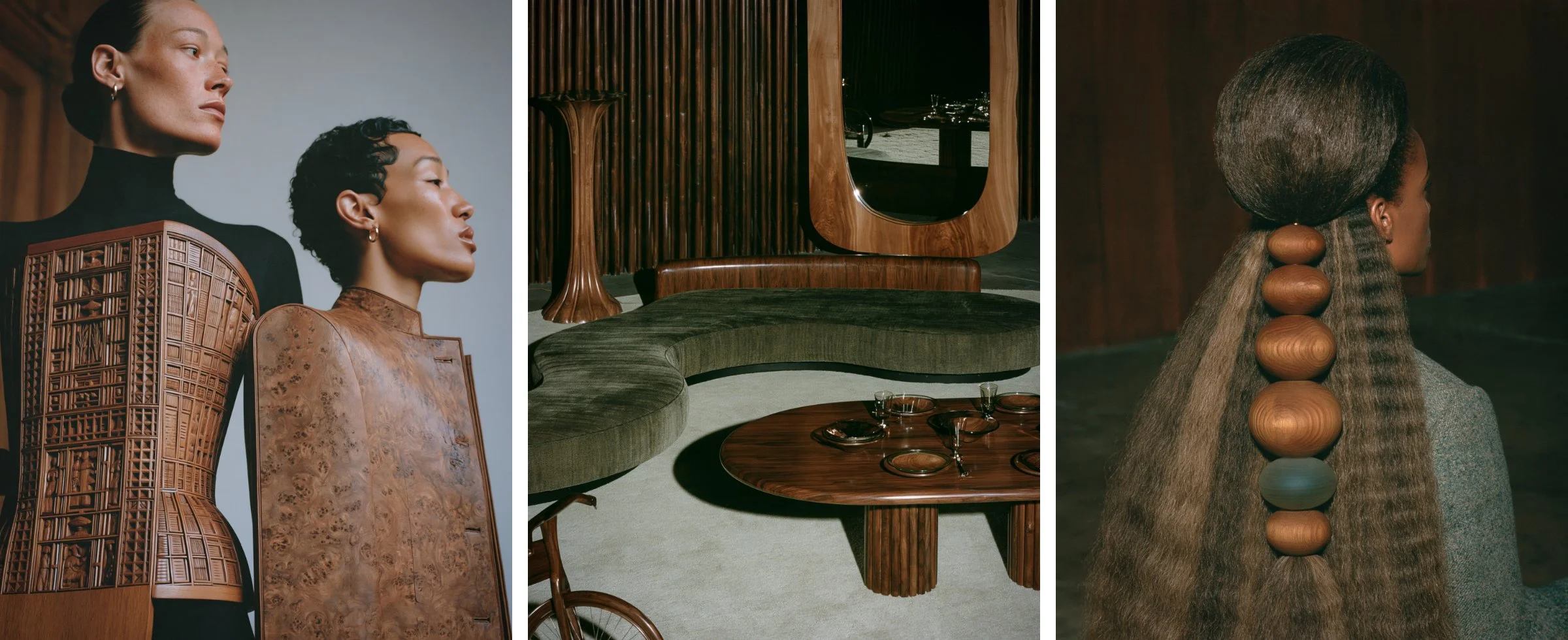 Models in a carved wood bustier and burl jacket, a walnut and green velvet lounge with a wood-framed mirror, and a ponytail strung with wood beads