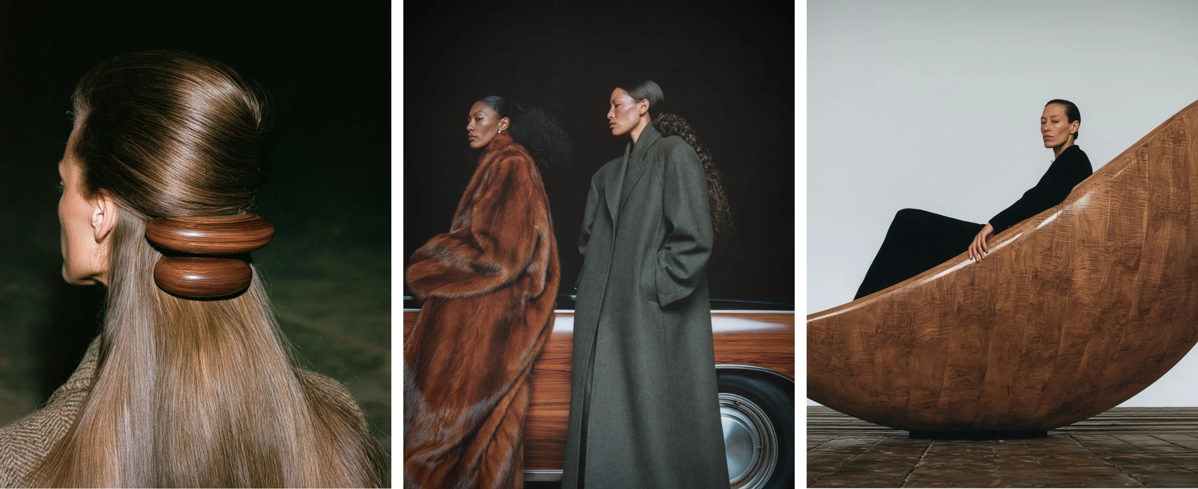 A sleek ponytail held by polished wood rings, models in fur and wool coats by a wood-paneled car, and a figure reclining in a carved wood crescent