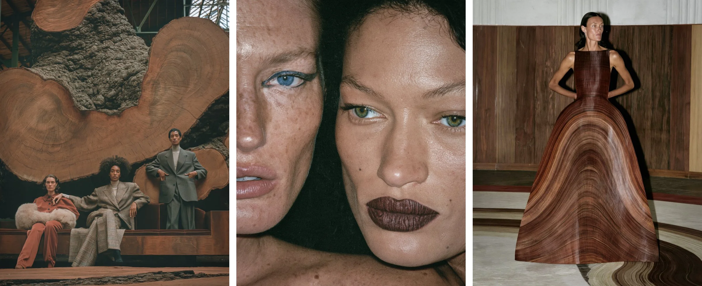 Three models in tailored suits before giant tree-trunk cross sections, a close-up of wood-textured lips, and a sculpted wood-grain ball gown