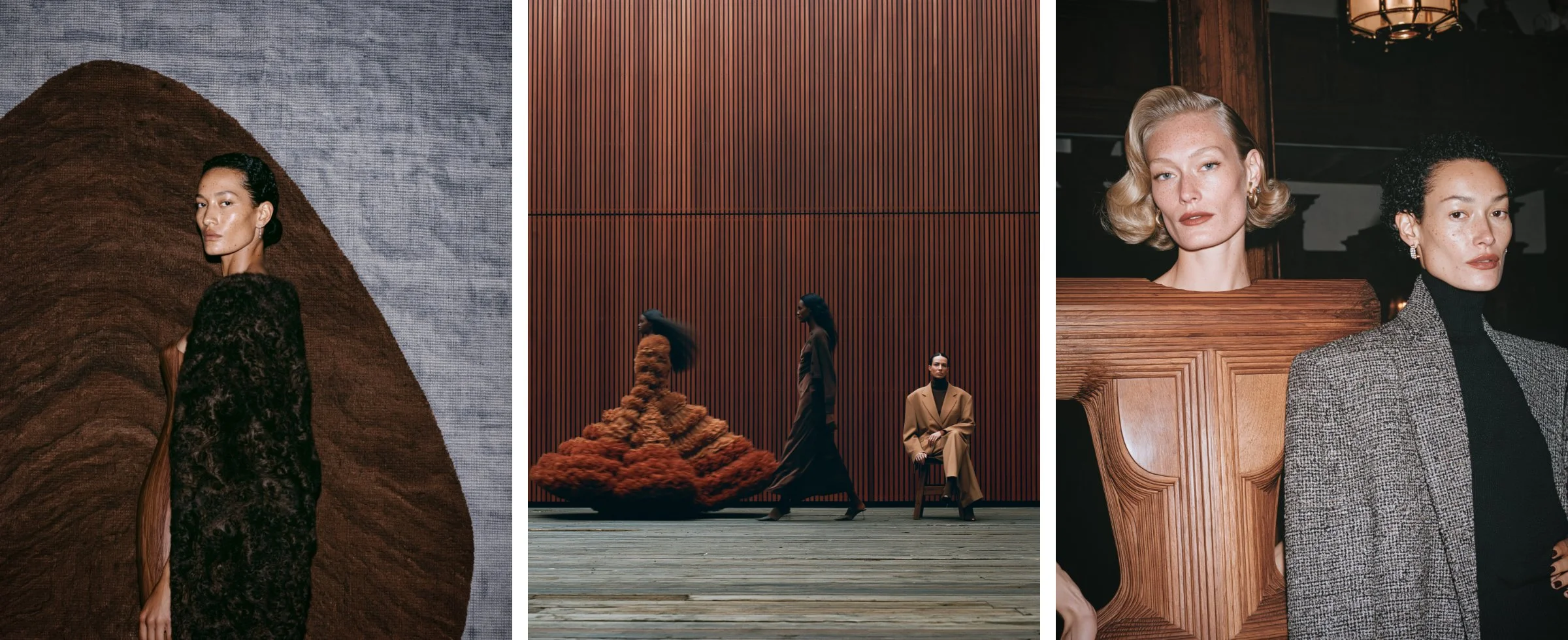 A model in curly fur before a tufted wall hanging, models by a red cedar slat wall in a ruffled terracotta gown, and a carved wood bodice