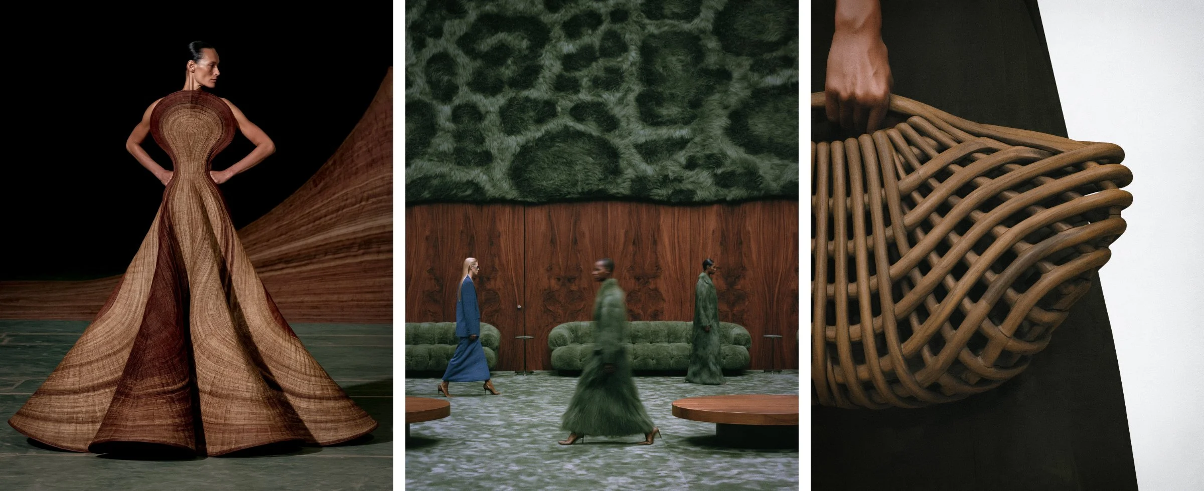 A gown patterned like tree rings, models walking past walnut panels beneath a green faux-fur ceiling, and a hand carrying a woven bentwood bag