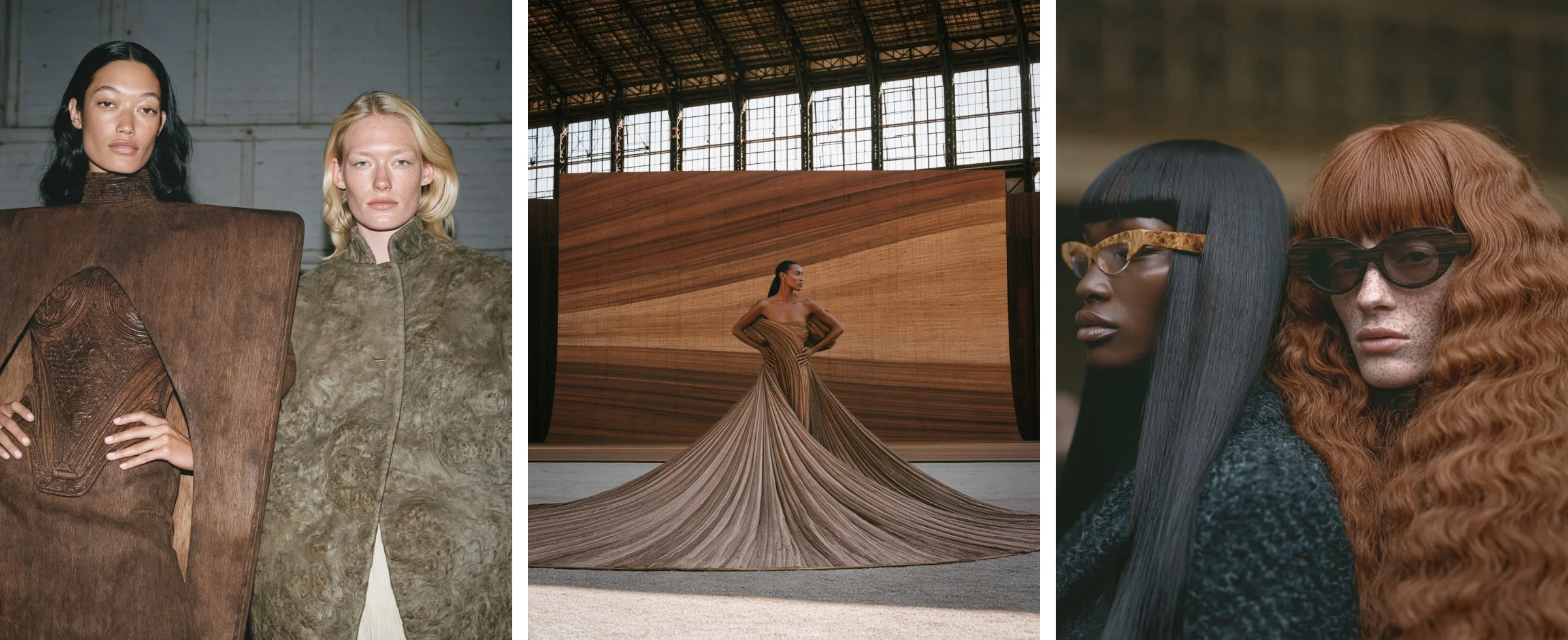 Models in a carved wood bodice and a burl-textured coat, a pleated wood-grain gown with a sweeping train, and burl wood sunglasses with blunt bangs