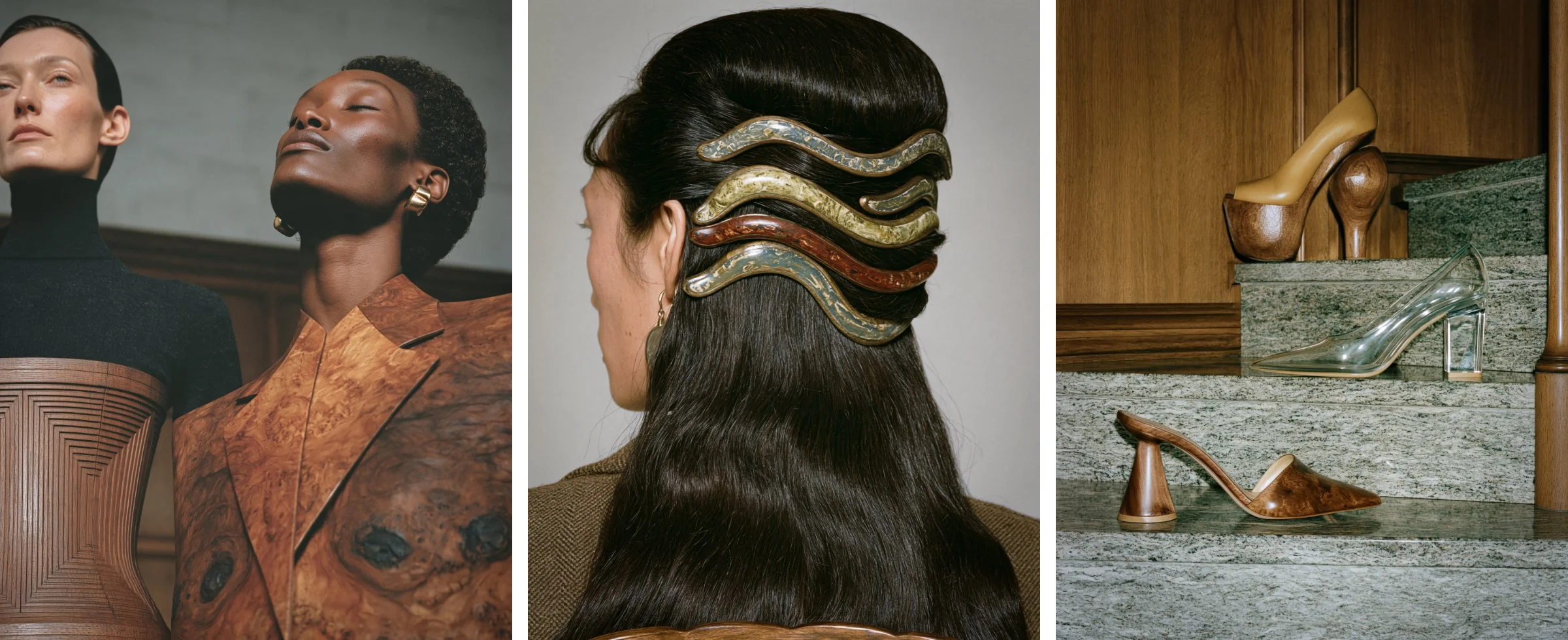 Models in a carved wood corset and burl wood blazer, wavy wood hair combs on long dark hair, and wooden and clear heels on granite stairs