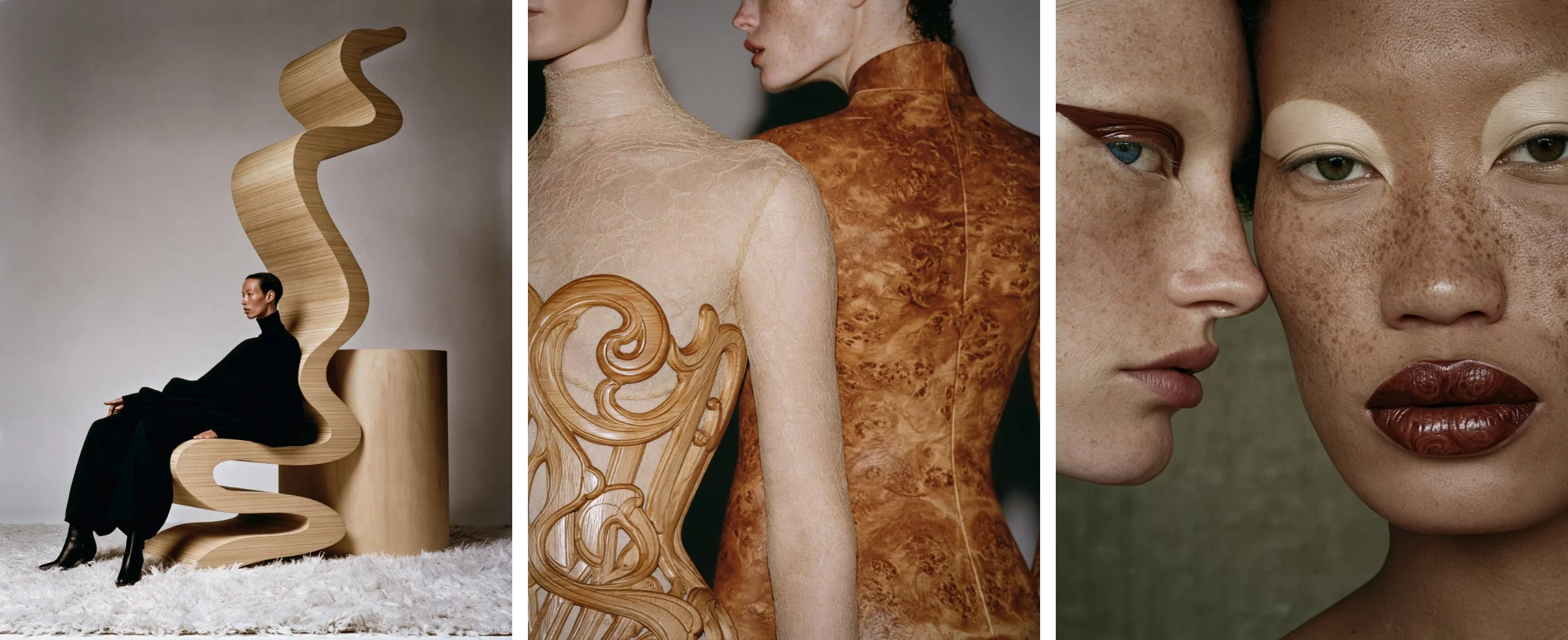 A model on a ribbon-shaped wood chair, a carved wood corset over lace beside a burl wood top, and close-up faces with wood-carved lips