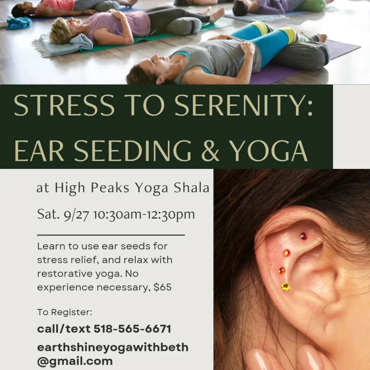 Mark your calendars! I'll be back at @highpeaksyogashala in September with @earthshineyogawithbeth 💖

We are teaming up to bring you Stress to Serenity 🧘&zwj;♀️ a workshop combining ear seeding with restorative yoga for maximum stress relief.

👂Be
