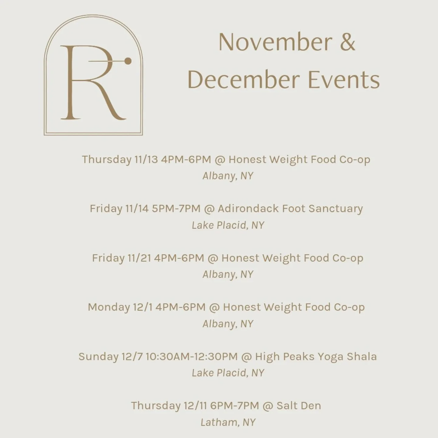 🌿 Here is where you can find me for the remainder of the year. 

🎉 I'm soooo excited to announce a couple of new venues that I am partnering with:

👣 @adirondackfootsanctuary in Lake Placid will be hosting a Ladies Night on Friday 11/14! Come get 