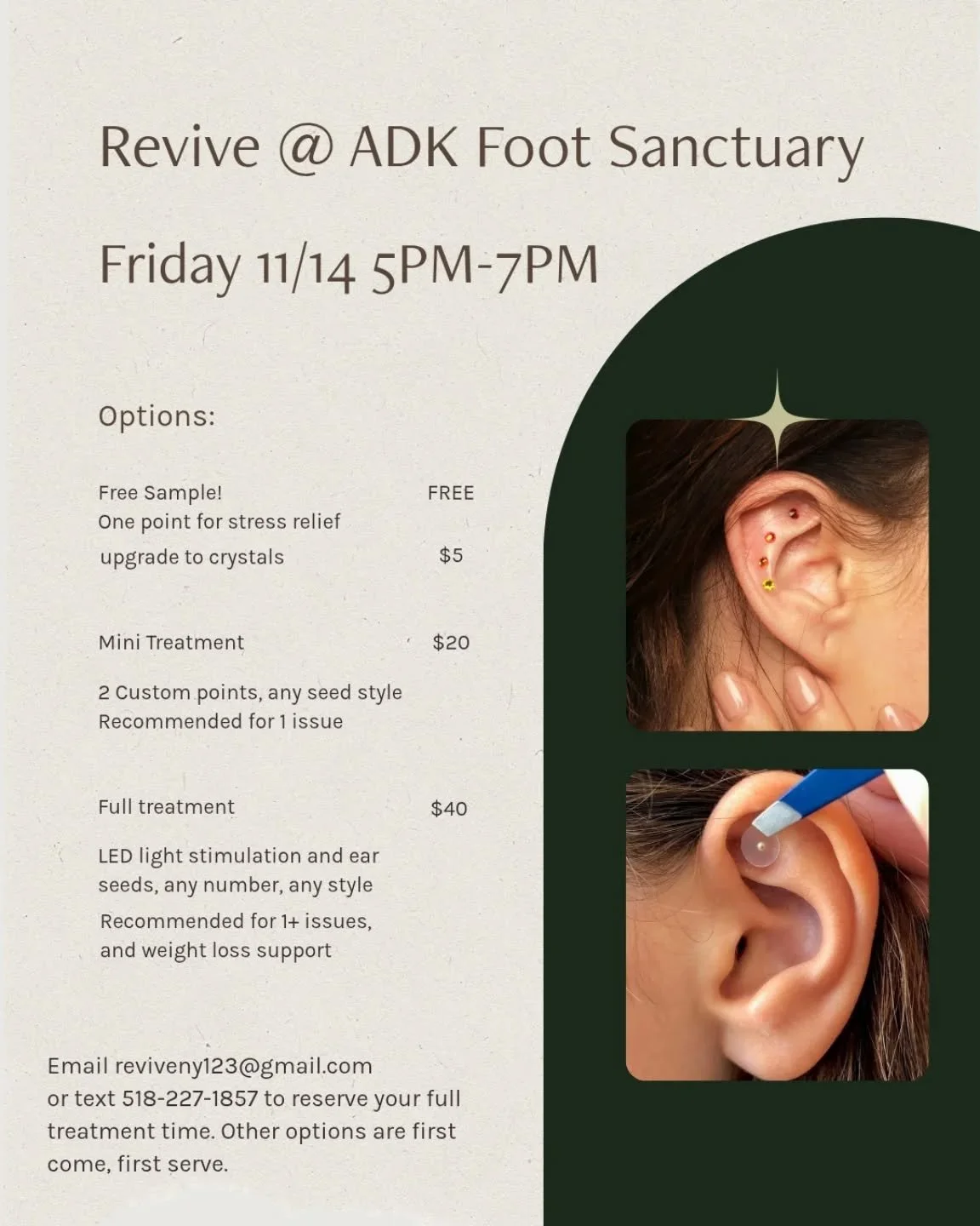 🌿 Looking forward to Ladies' Night at @adirondackfootsanctuary in Lake Placid!

🌿 Here's the info for the ear seeding options. Please lmk if you want to book a time for a full treatment (approximately 10 minutes), so you won't have to wait. The oth