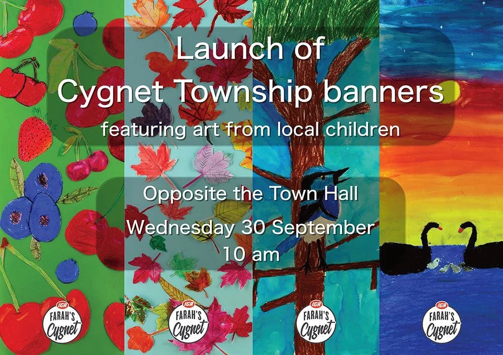 Launch of Cygnet Township banners - with art from local children