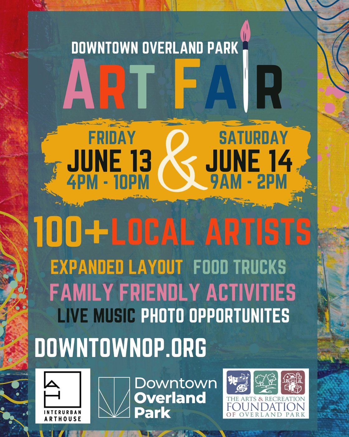 The Downtown Overland Park Art Fair is almost here! 🎨🖼️📸 

🗓️ Friday, June 13 | 4PM&ndash;10PM
🗓️ Saturday, June 14 | 9AM&ndash;2PM

✨ Shop unique works from local artists
🎶 Enjoy live music + performances
🍴 Grab bites from food trucks and loc
