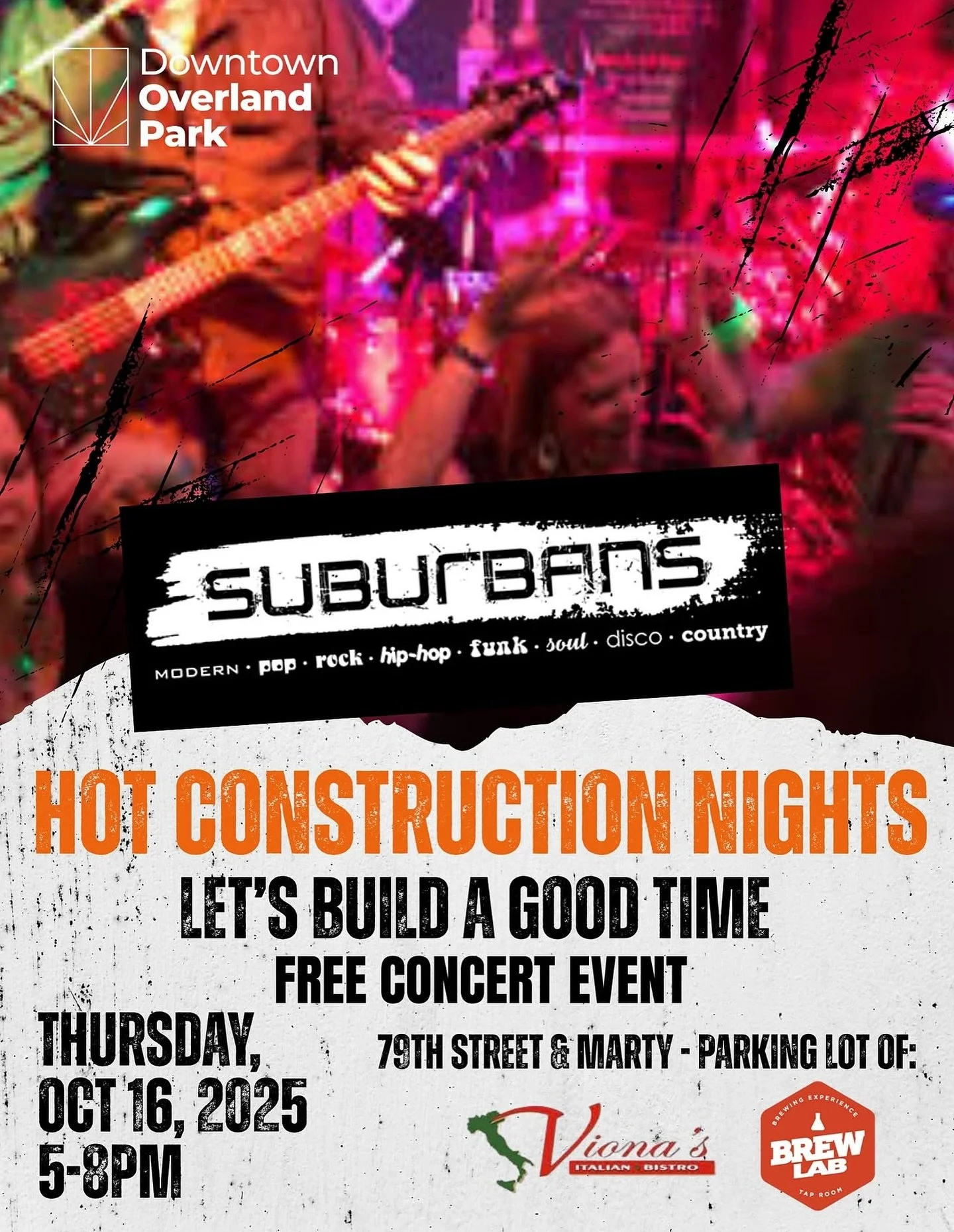 Hot Construction Nights kicks off TONIGHT, October 16th from 5-8 PM in the parking lot at @brewlabkc and @vionaitalianbistro 

Enjoy live music, tood, and good company. @suburanskc will be rocking the stage with Greg Jacobson opening the night.

Stop