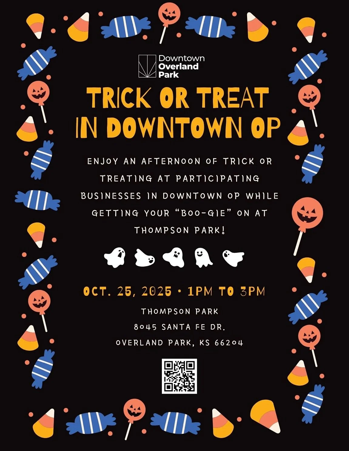👻 Trick or Treat in Downtown OP! 🎃

Mark your calendars for an afternoon of Halloween fun on Saturday, October 25th from 1&ndash;3PM!

Stop by participating Downtown OP businesses for treats and head to Thompson Park to get your boo-gie on with mus