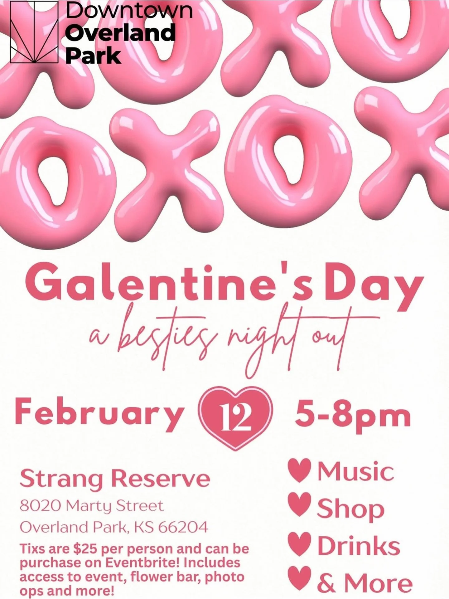 Buy One Ticket, Get One Free! The countdown is on. Less than one week to go! 💕

Grab your besties and join us for Galentine&rsquo;s Day: A Bestie&rsquo;s Night Out on February 12th from 5&ndash;8pm at the beautiful Strang Reserve in Downtown Overlan