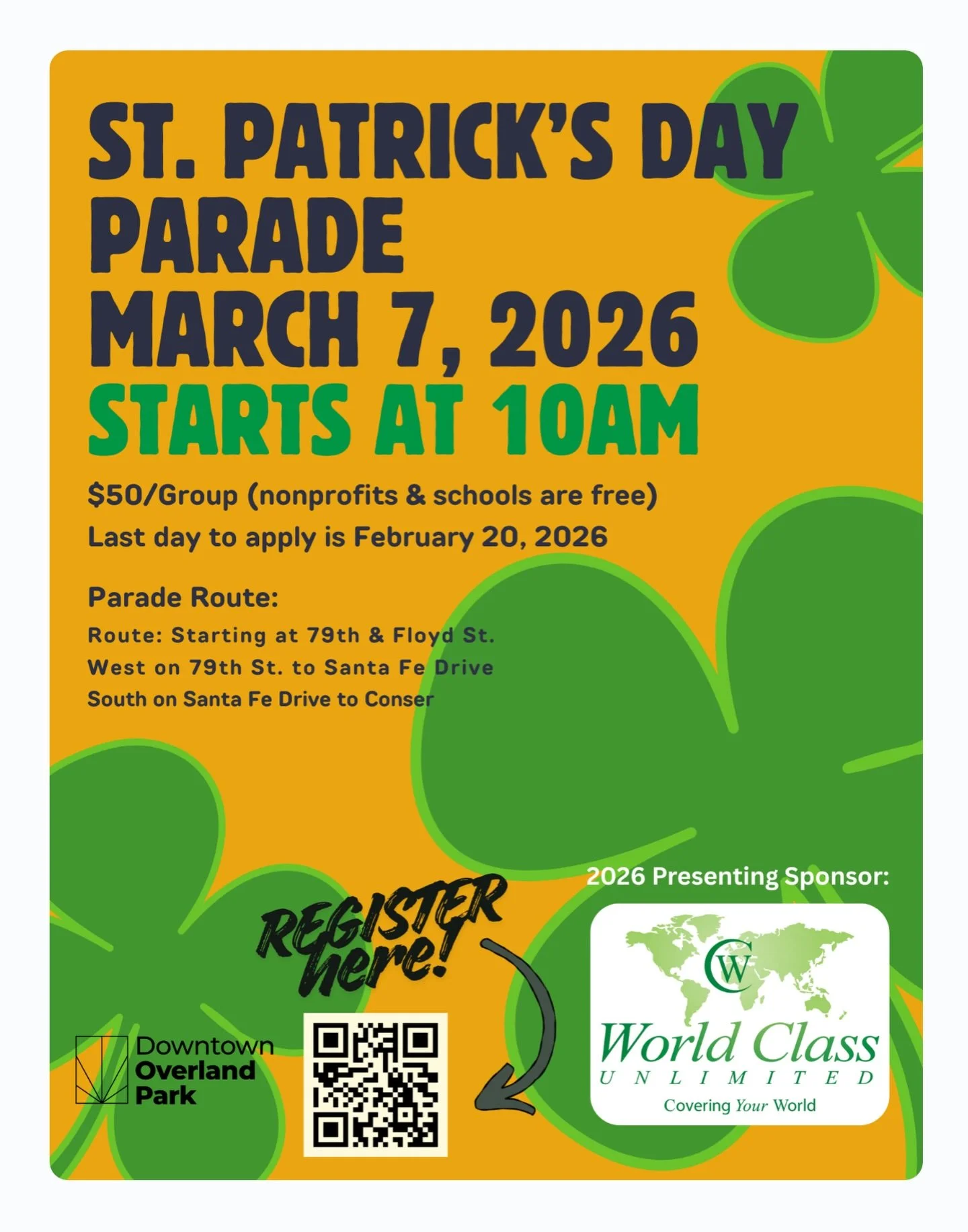 Celebrate the luck of the Irish by joining the Annual St. Patrick&rsquo;s Day Parade in Downtown Overland Park on March 7th at 10AM. 🍀

Gather your business, organization, school, or community group and walk the parade route as part of one of Downto
