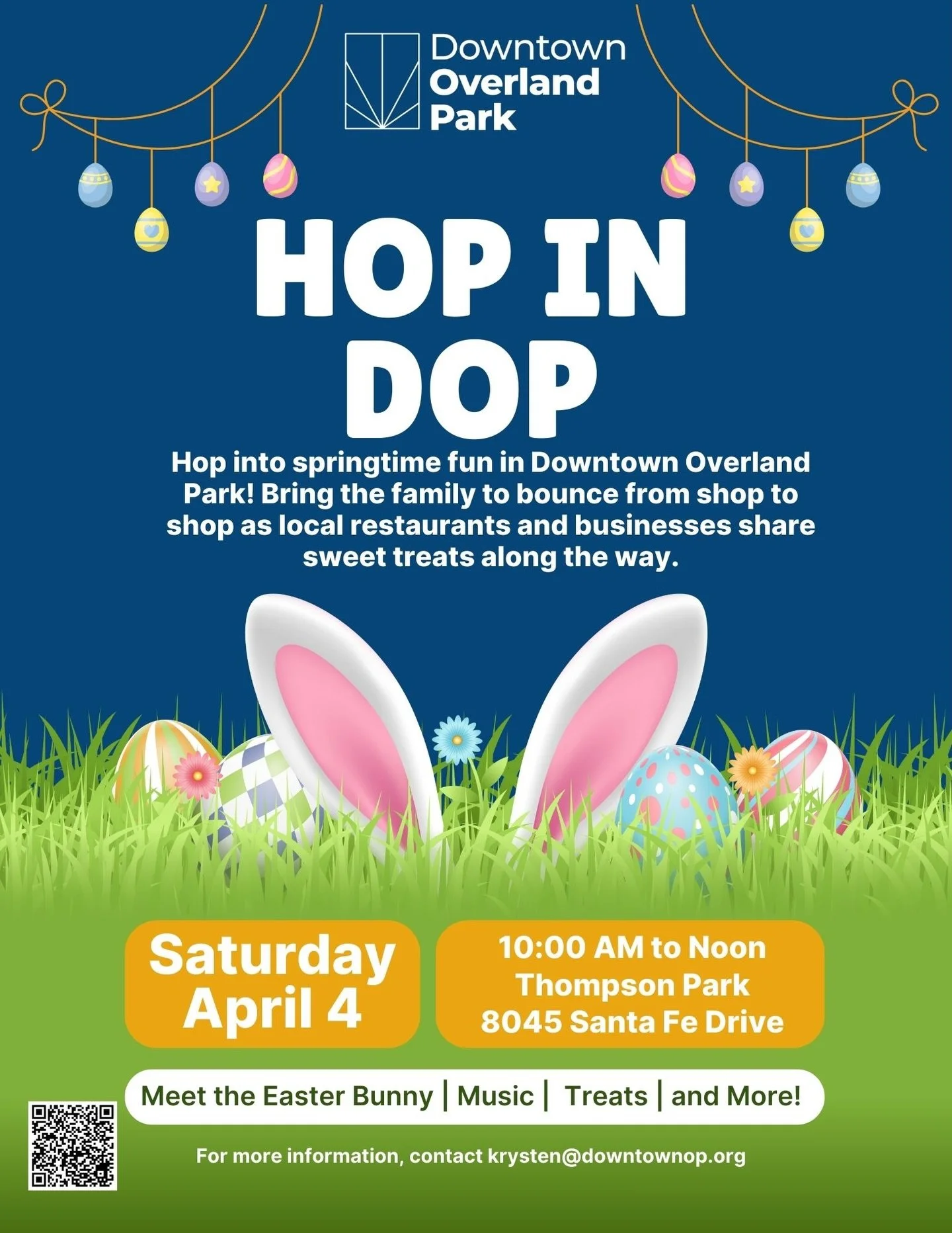 Save the Date 🐰🌷

Join us in Downtown OP for Hop In DOP on Saturday, April 4th from 10AM-12PM.

Grab the kiddos, invite your friends, and bounce from shop to shop, our local merchants will  share sweet treats along the way! 

Meet the Easter Bunny,
