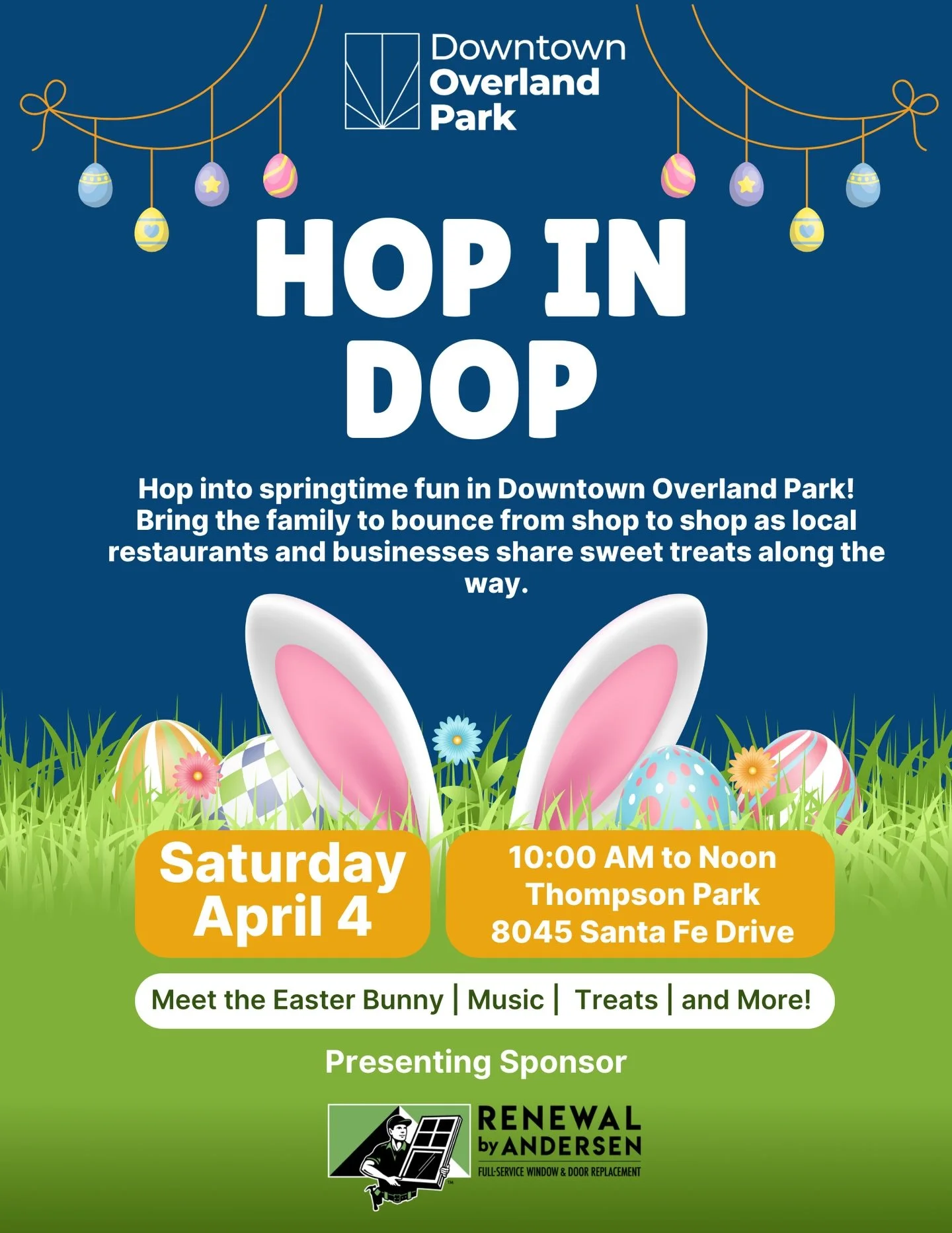 Join us for Hop in DOP today from 10am-12pm at Thompson Park. Spend the morning hopping from shop to shop, collecting sweet treats, meeting the Easter Bunny, and enjoying music and surprises from your favorite local businesses.

Bring the kids, bring