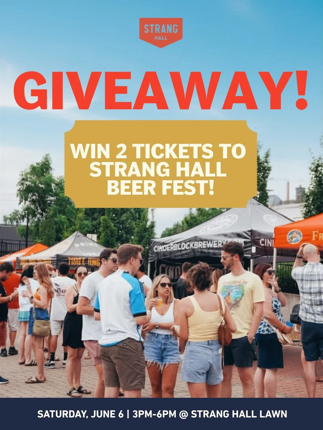 🍺 BEER FEST TICKET GIVEAWAY! 🍺

We&rsquo;re giving away 2 FREE TICKETS to the 6th Annual Strang Hall Beer Fest on Saturday, June 6th from 3pm-6pm. 

This is your golden ticket to unlimited tastings from 40+ beers, a live DJ, 15% off Strang Hall foo