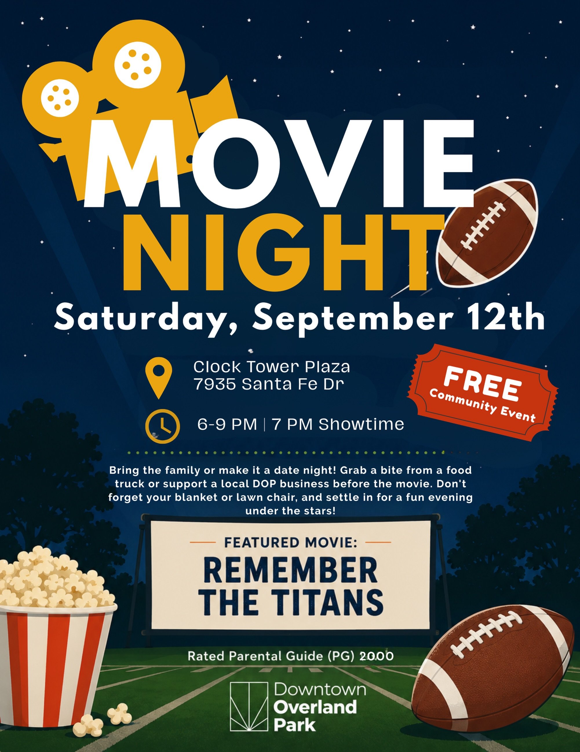 Join us in Downtown Overland Park for the annual movie night under the stars featuring Remember the Titans. 🎥🏈

✔️Saturday, September 12
✔️6PM-9PM | Movie starts at 7PM
📍 Clock Tower Plaza

Bring the family or make it a date night! Grab a bite fro