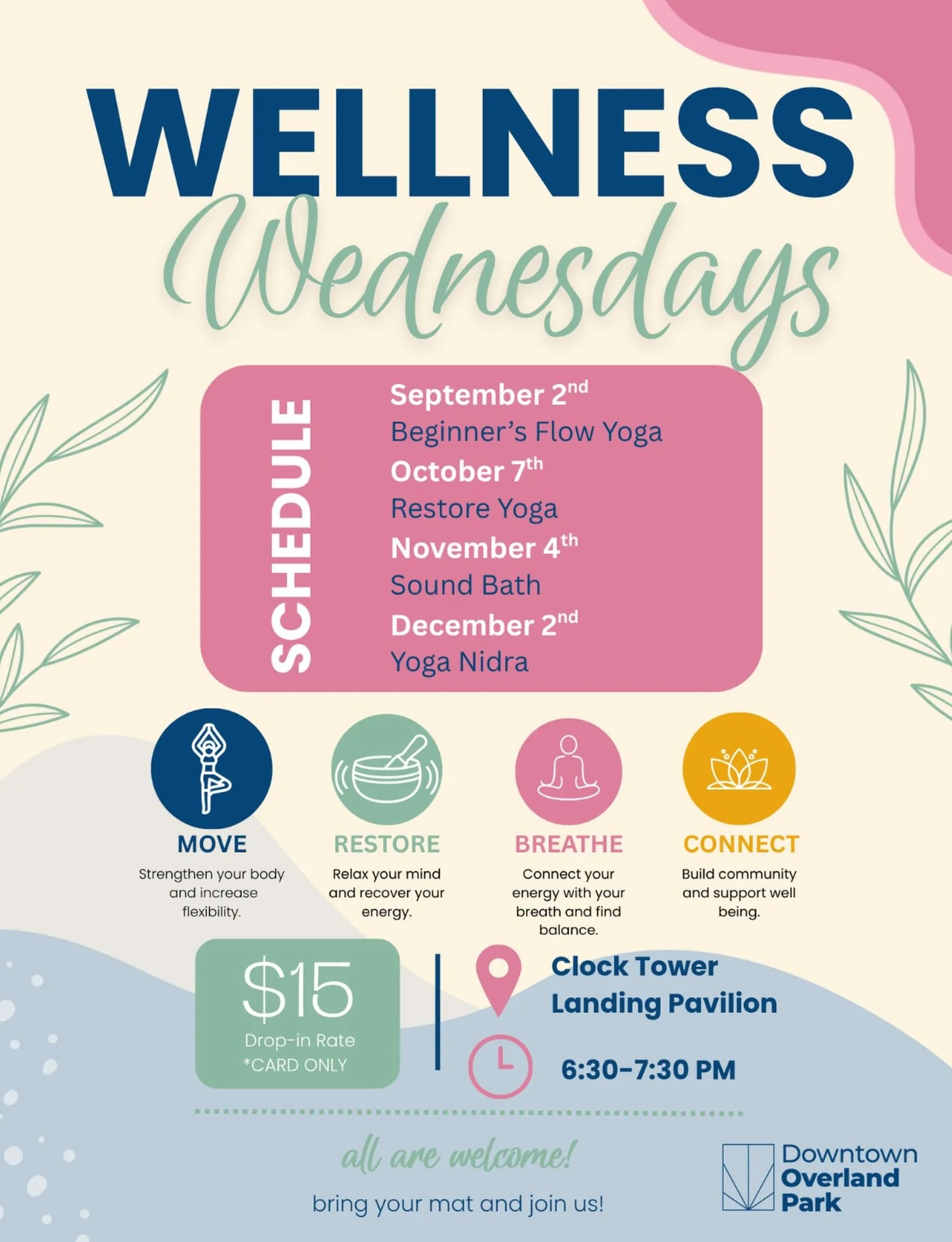 Wellness Wednesday kicks off next week!✨

Join us at Clock Tower Landing on the first Wednesday of each month for an evening dedicated to slowing down, moving your body, and prioritizing your well-being. Each class will be led by the experienced inst