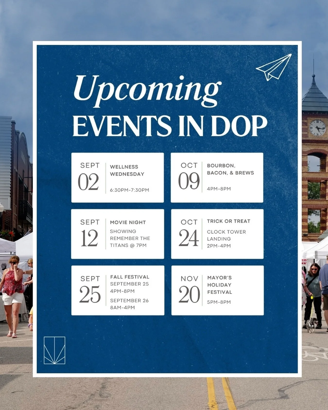 So much to look forward to this fall in Downtown OP! 🧘🍿🎃

Wellness Wednesdays, movie nights, Bourbon, Bacon &amp; Brews, Fall Festival, trick-or-treating and the Mayor&rsquo;s Holiday Festival are all headed your way!