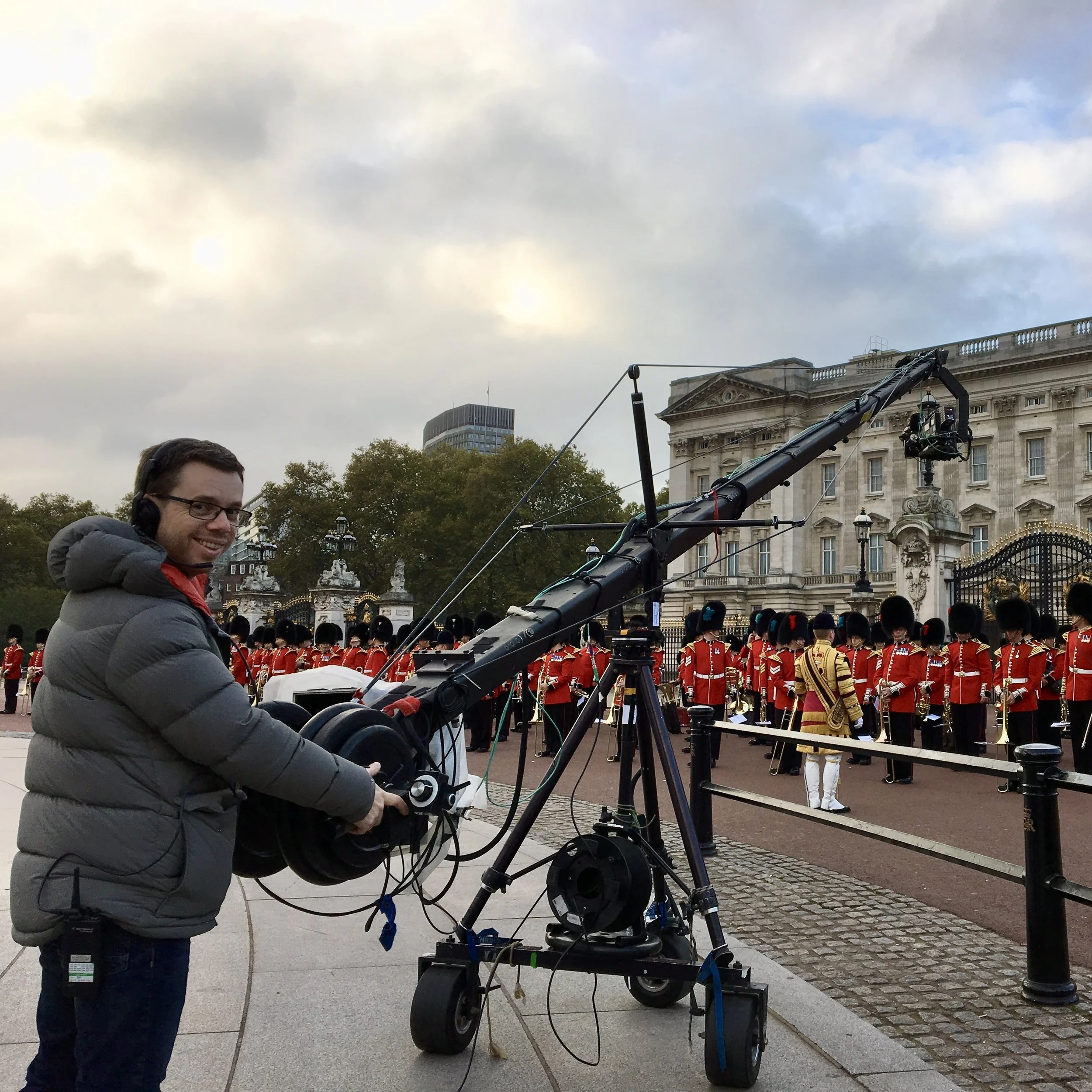 Matt Freestone operating a Jimmy Jib camera outside Buckingham Palace for the Queen's Christmas broadcast recording