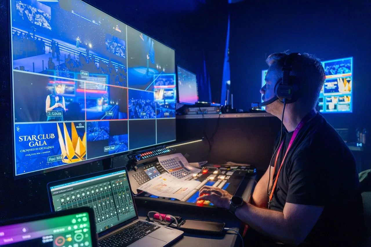 Corporate directing big screens behind the stage in London.