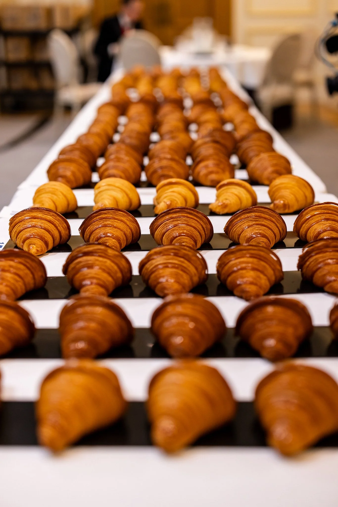 Rows of croissants on display at an event or bakery, with a person in formal attire in the background.