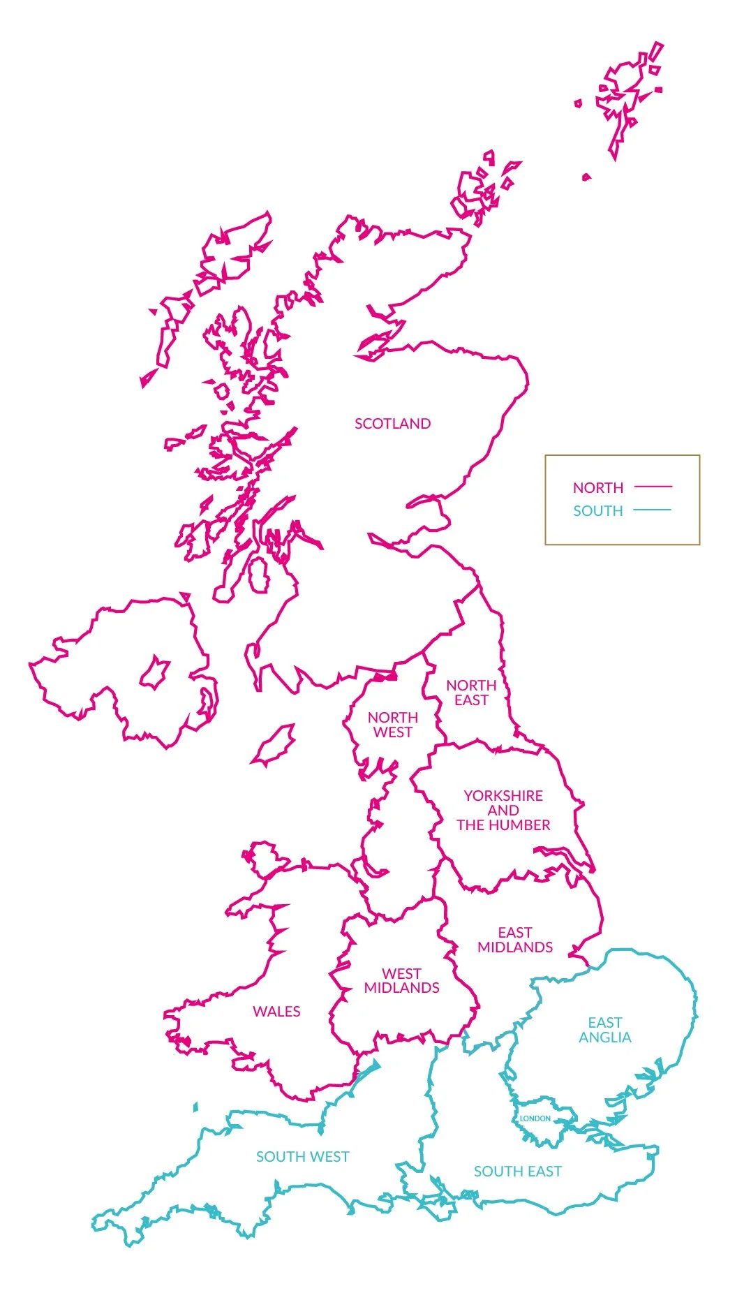 Map of the United Kingdom with regions North and South outlined in pink and blue