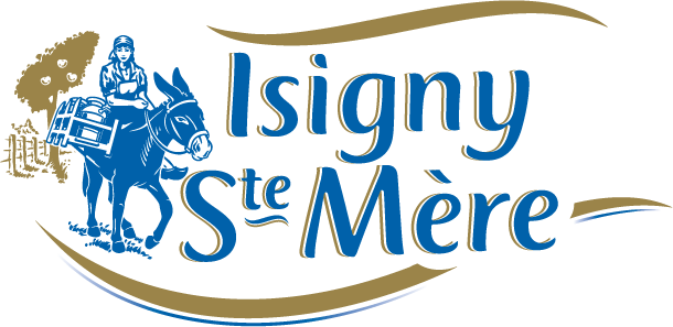 Logo for Isigny Ste Mère featuring a woman on a donkey carrying a crate, with trees in the background and the brand name in stylized blue text.