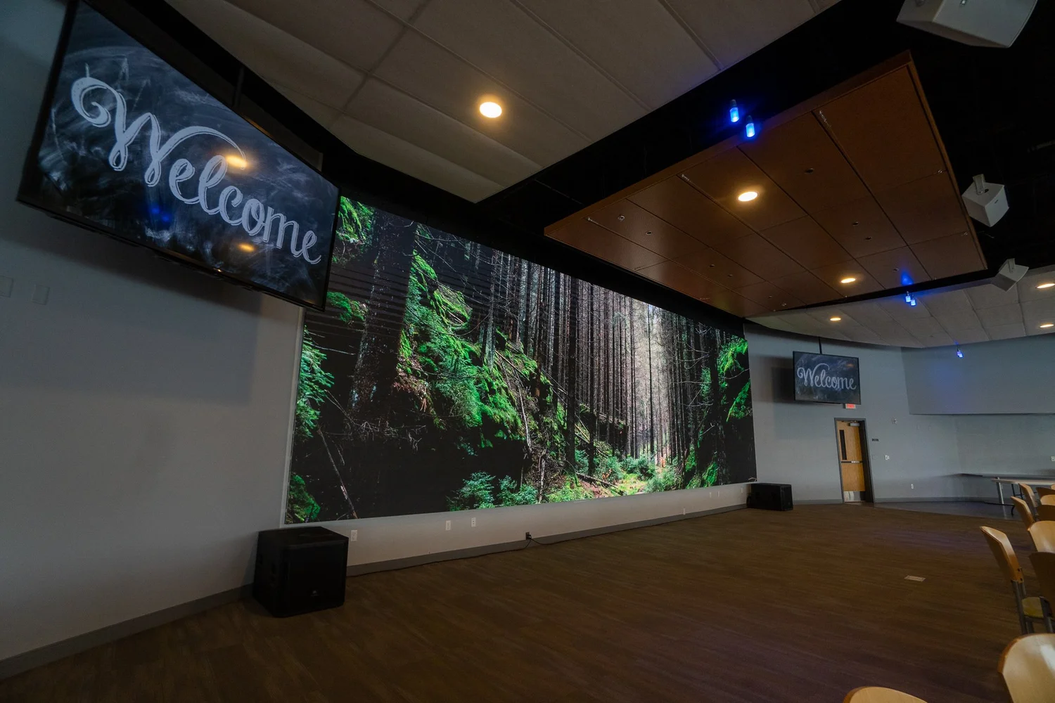 Room with a large LED wall showing a forest scene and rows of chairs