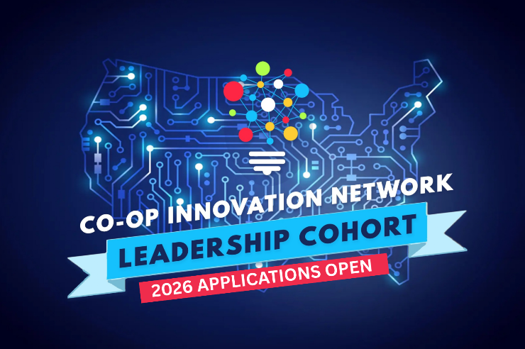 Digital graphic of the United States with circuit board design and colorful nodes, promoting the Co-op Innovation Network Leadership Cohort with 2026 applications open.