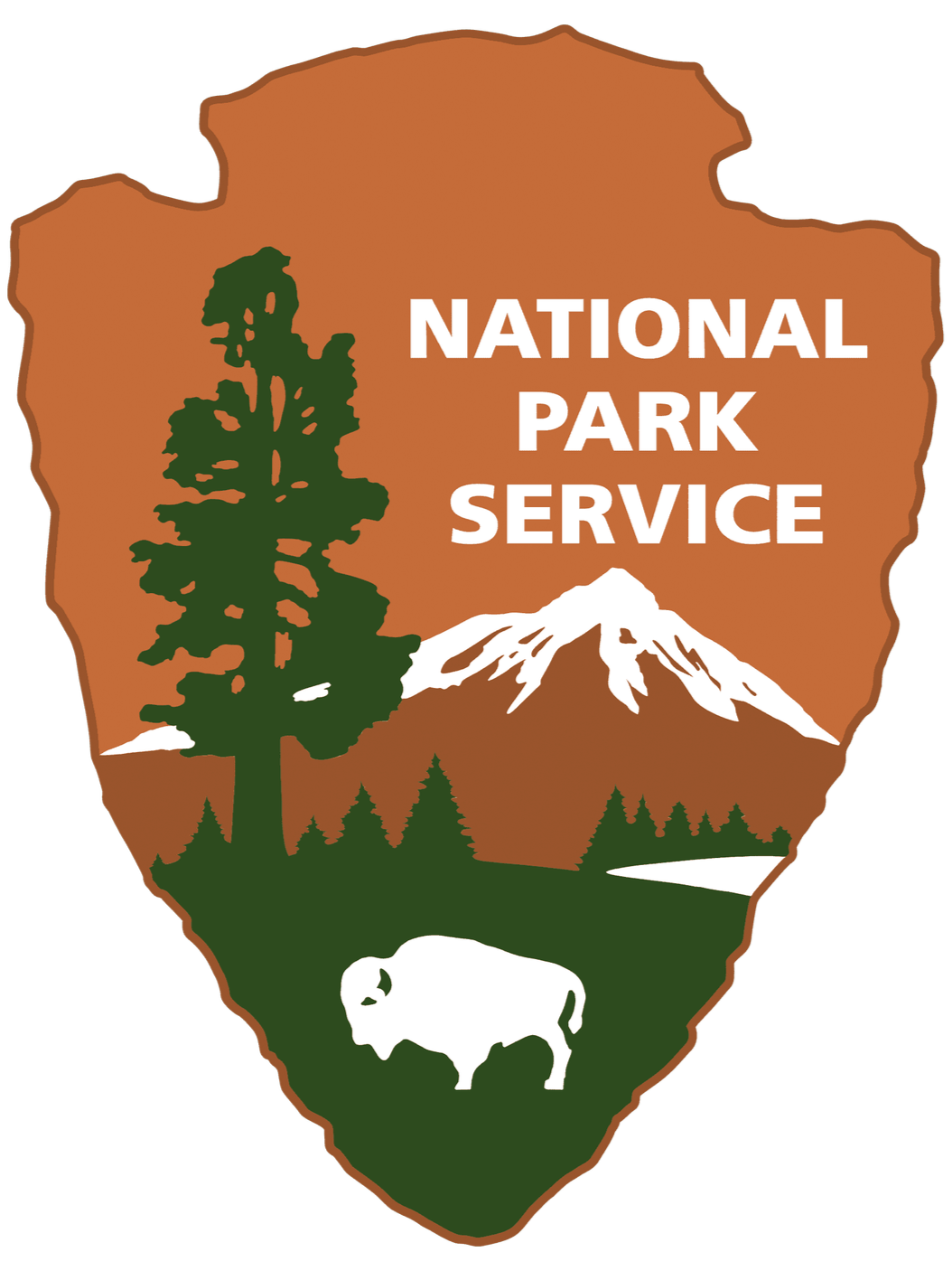Illustration of a badge shaped like Oregon with a tree, mountains, a bison, and the text 'National Park Service'.