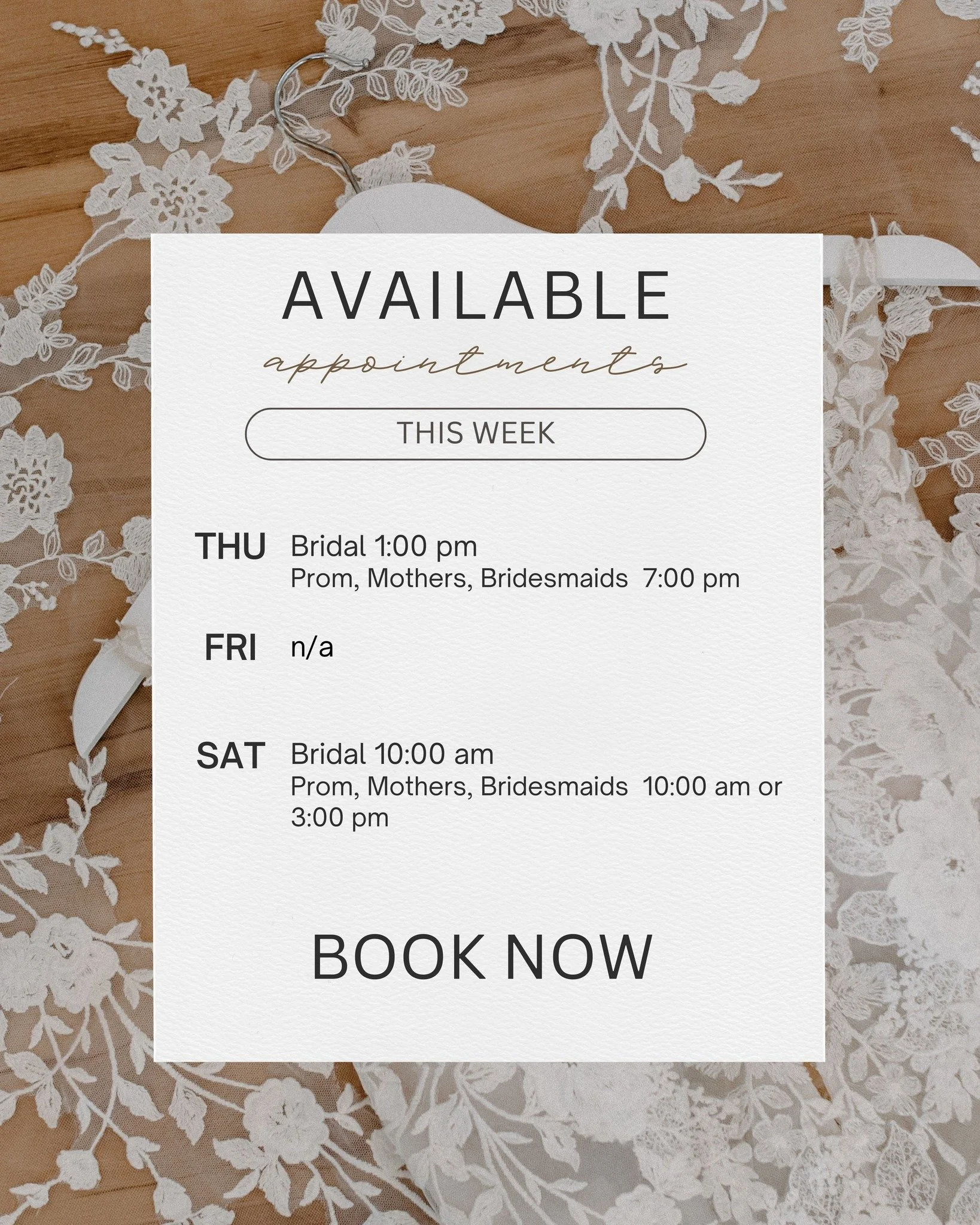 ✨ Appointments available for this week January 13 to 17 / RV disponible pour cette semaine du 13 au 17 janvier ✨
...
Thursday/Jeudi: Bridal @ 1pm / Prom, Mothers or Bridesmaids @ 7pm
Friday/Vendredi: n/a
Saturday/Samedi: Bridal @ 10am (BOOKED) / Prom