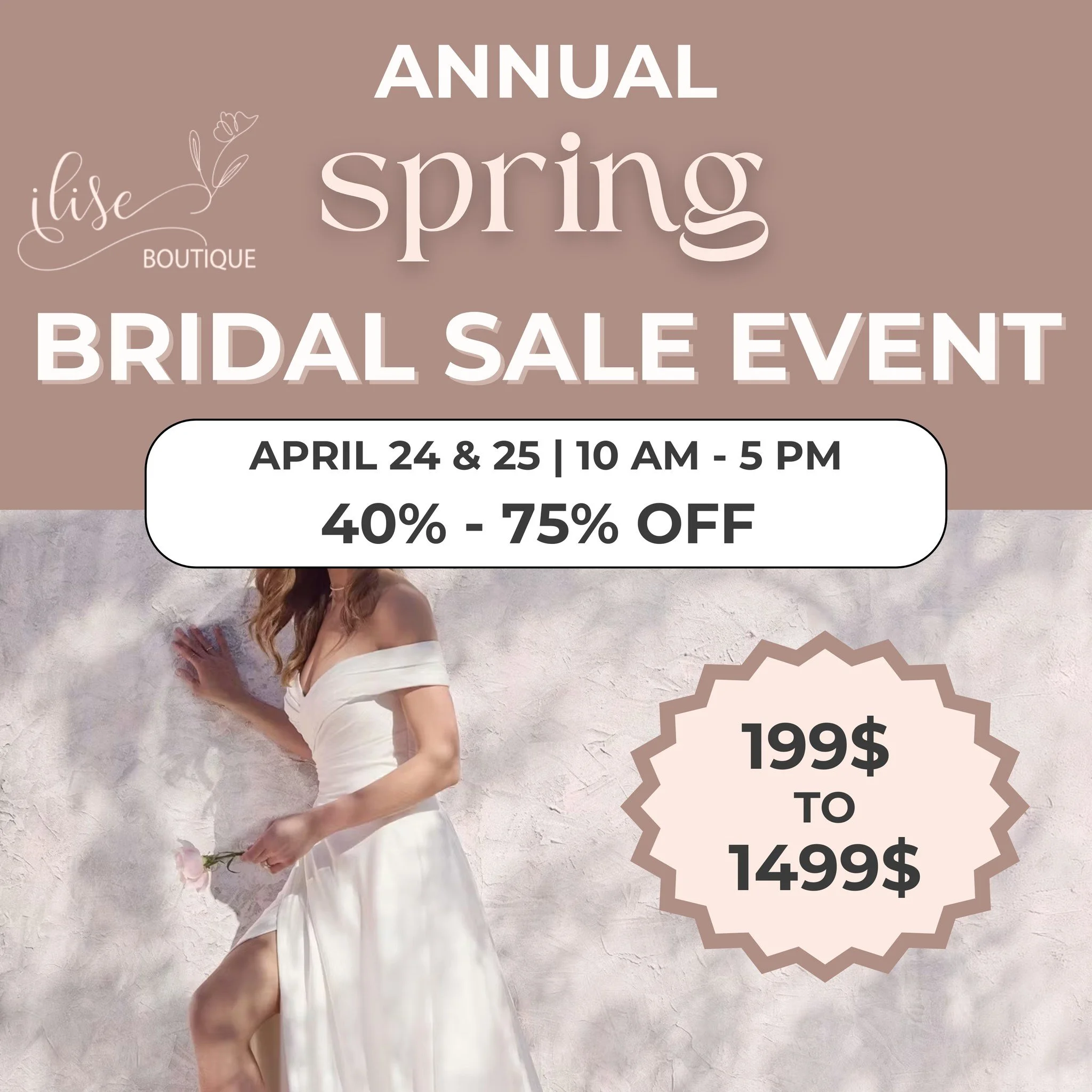 💍🌸👗 Ilise Boutique Annual Spring Bridal Sample Sale/ Le Solde Annuel du Printemps des Mari&eacute;es d'Ilise Boutique 💍🌸👗
(Version fran&ccedil;aise sur notre page Facebook)
...
Calling all 2026 and 2027 brides!!! This Friday April 24 and this S