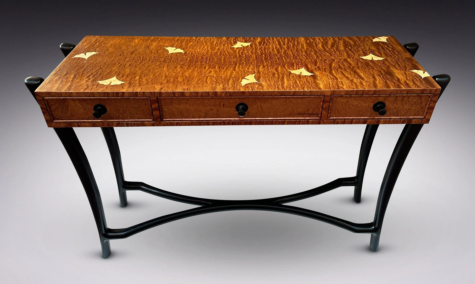 Falling Gingko Console, Quilted Mahogany, Michigan Birdseye Maple and Ebonized Ash