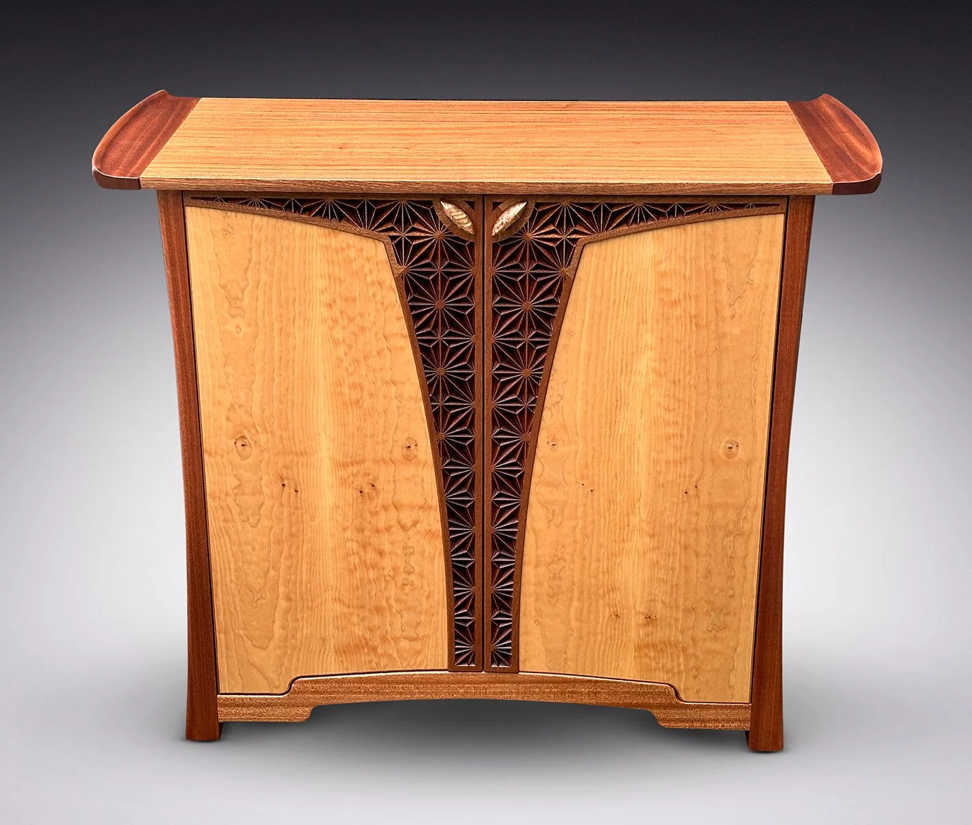 Kumiko Wine Cabinet, Quilted Big Leaf Maple and Mahogany