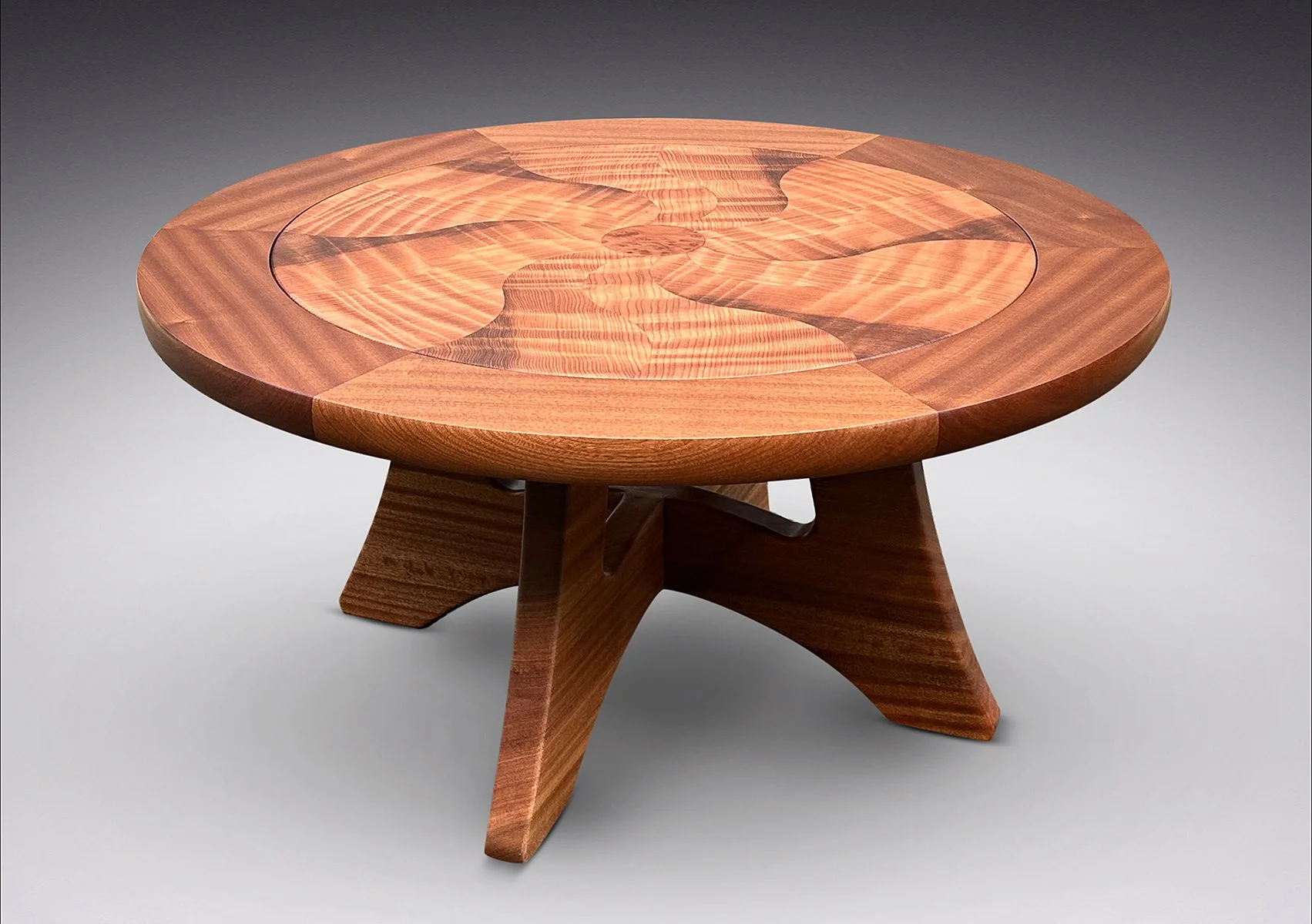 Pinwheel Cocktail Table, Mahogany and Old Growth Curly Redwood