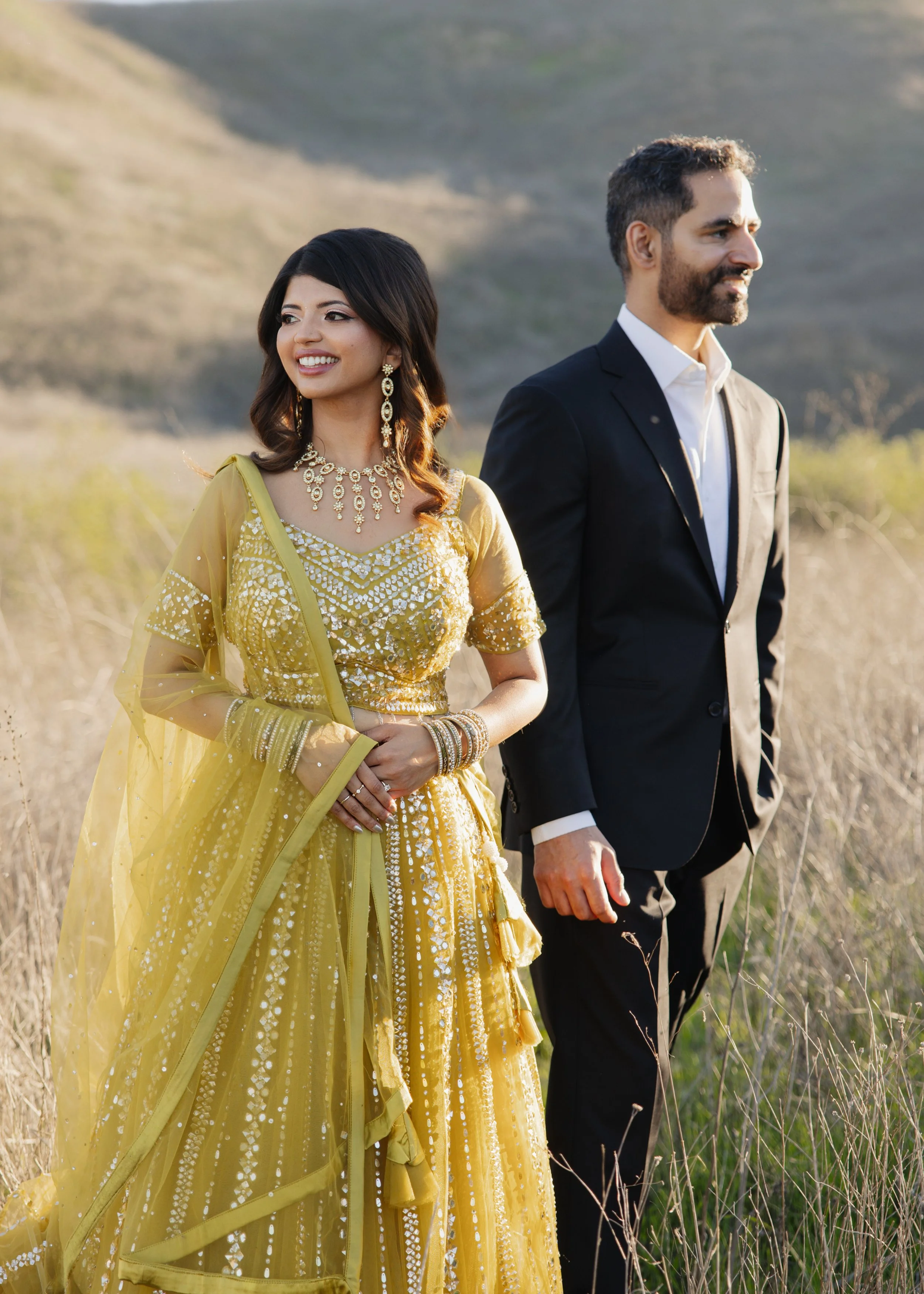 golden hour engagement photos with her traditional indian outfit in southern california