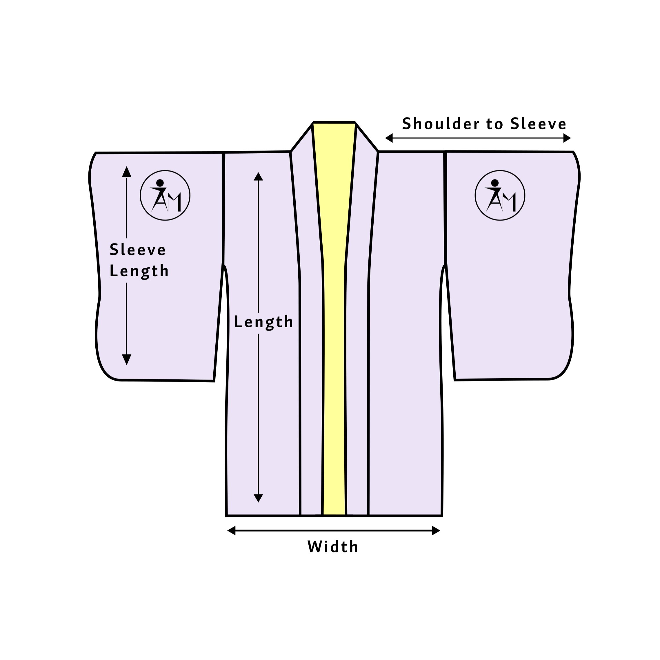 Graphic of a kimono showing measurements and how to fit a vintage kimono
